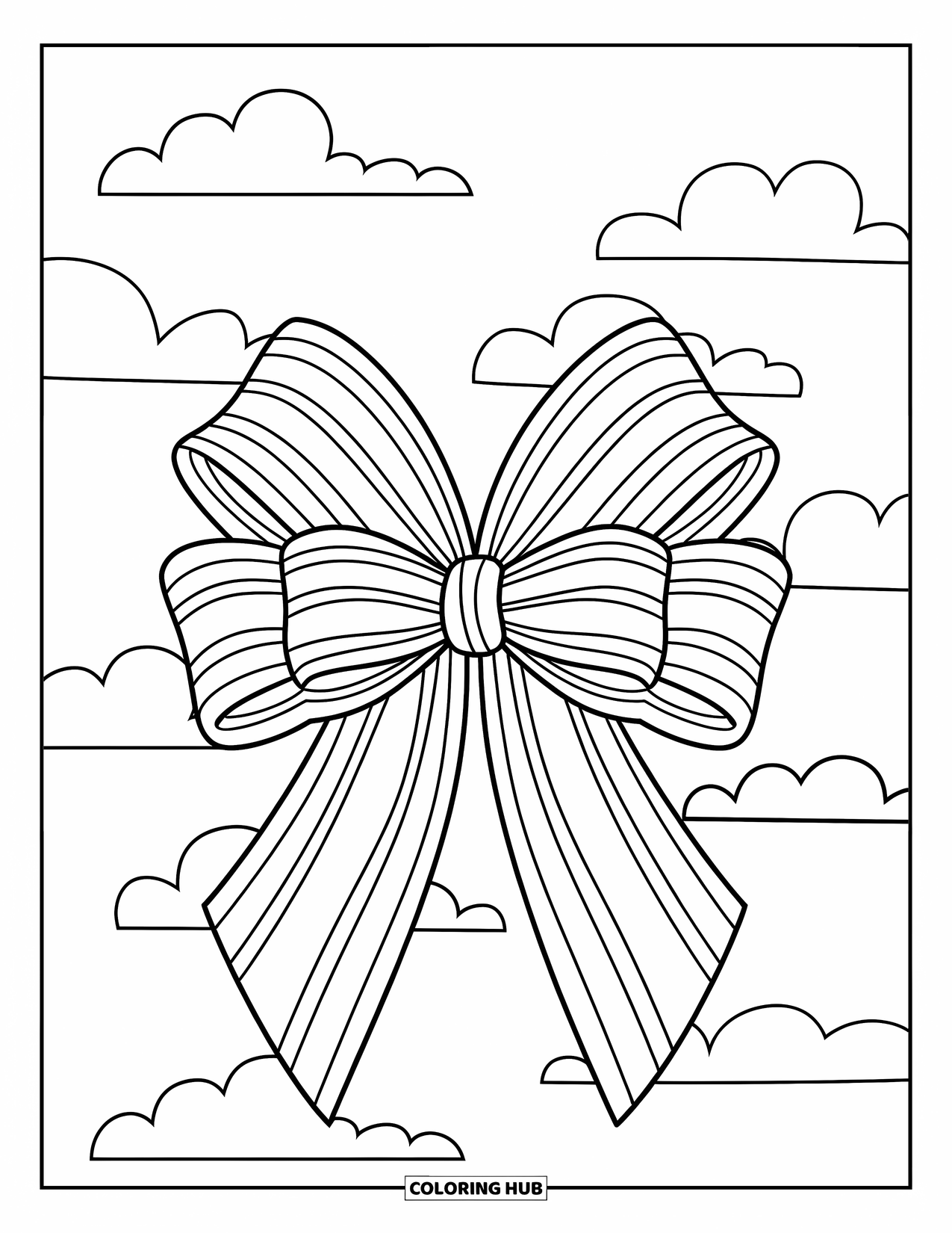 Kleurplaat Strik voor Kinderen: Een delicate lintstrik met zachte strepen, zwevend boven een achtergrond van zachte wolken