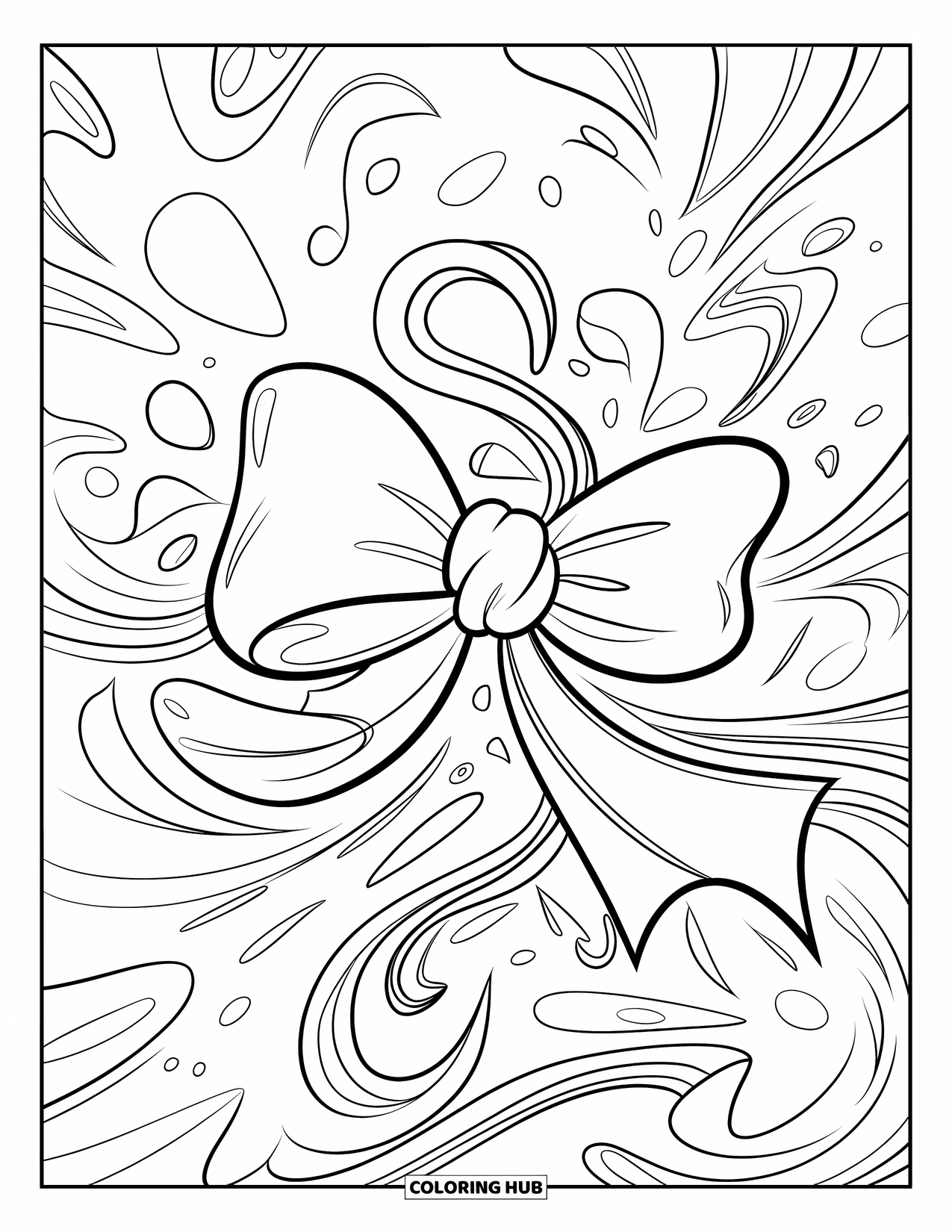 Kleurplaat Strik voor Kinderen: Een dynamische strik met lintlussen, zwevend tussen expressieve en moderne abstracte vormen