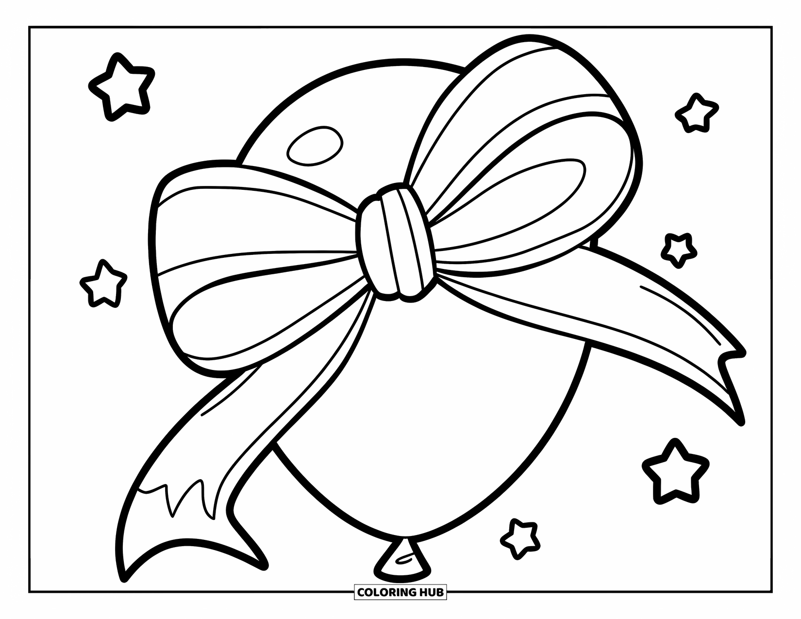 Kleurplaat Strik voor Kinderen: Een gigantische strik vastgebonden rond een ballon, omringd door zwevende sterren in een vrolijk ontwerp