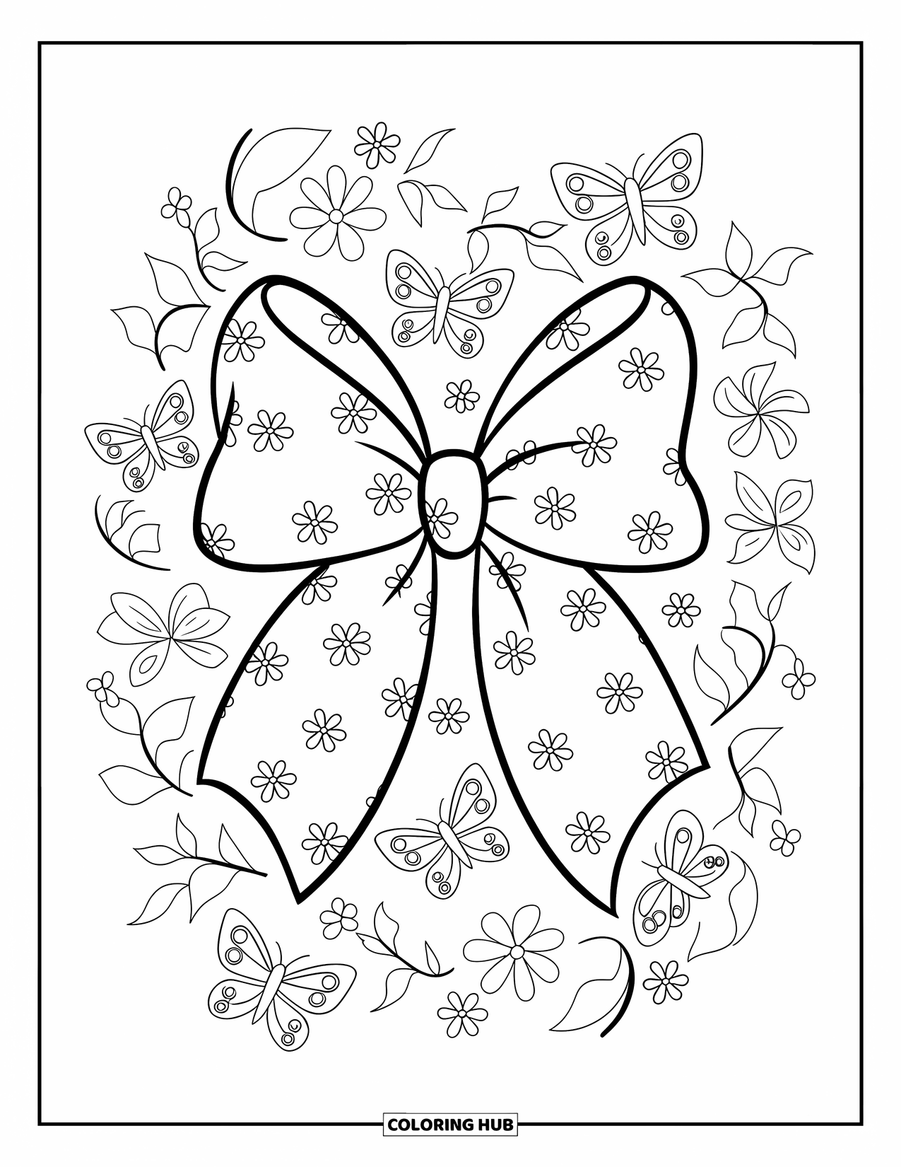 Kleurplaat Strik voor Kinderen: Een haarstrik omringd door bloemen en vlinders, met delicate patronen op het lint