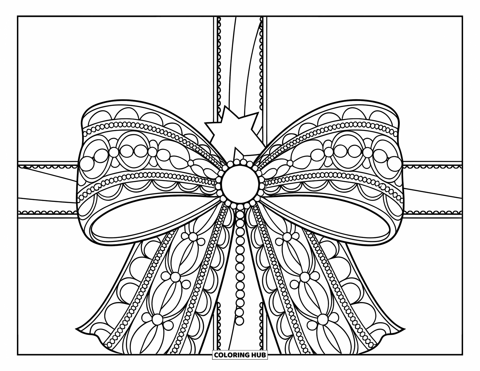 Kleurplaat Strik voor Kinderen: Een met kant versierde strik met parels, gewikkeld rond een elegant lint met steraccenten