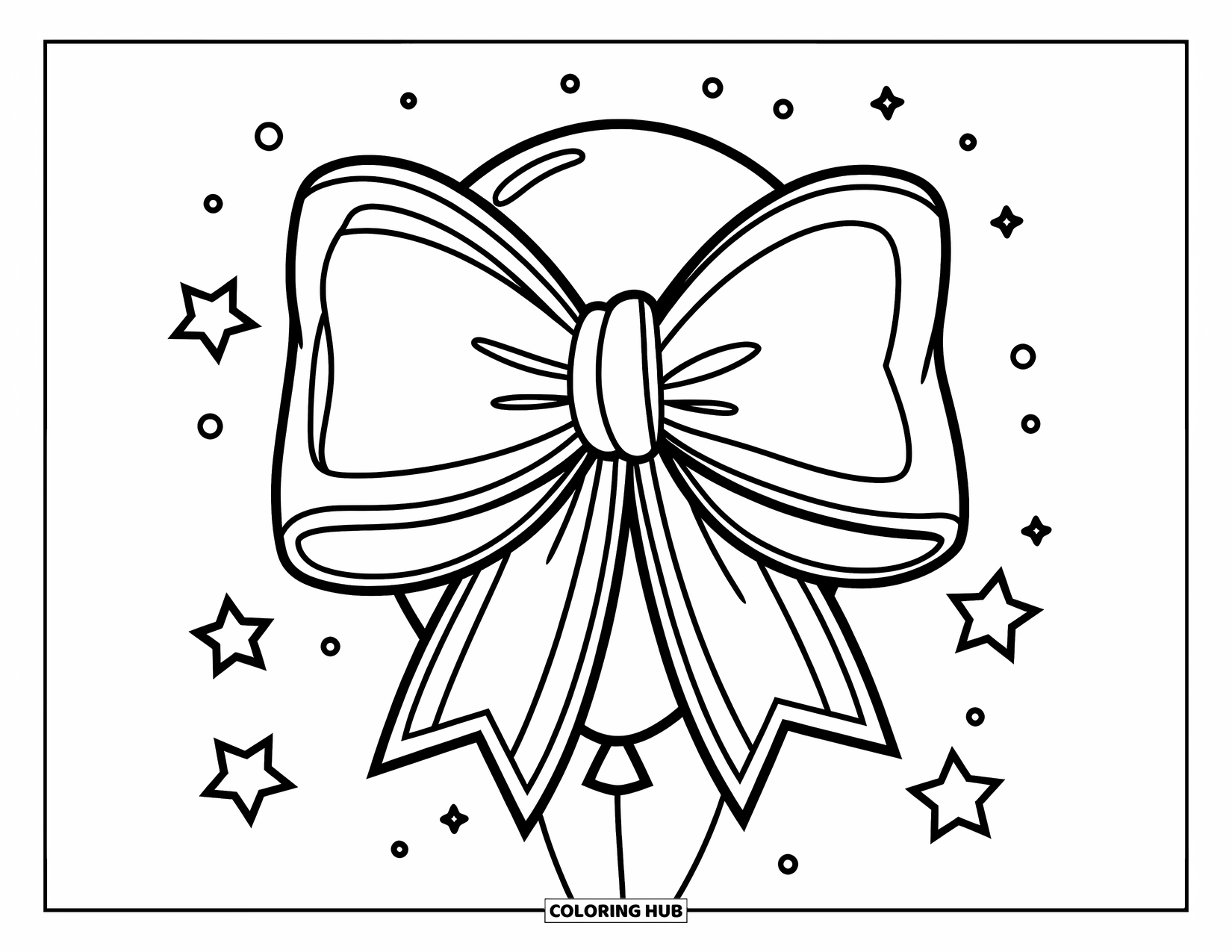 Kleurplaat Strik voor Kinderen: Een speelse ballon met een grote strik, zwevend tussen sterren in een eenvoudige, schattige stijl