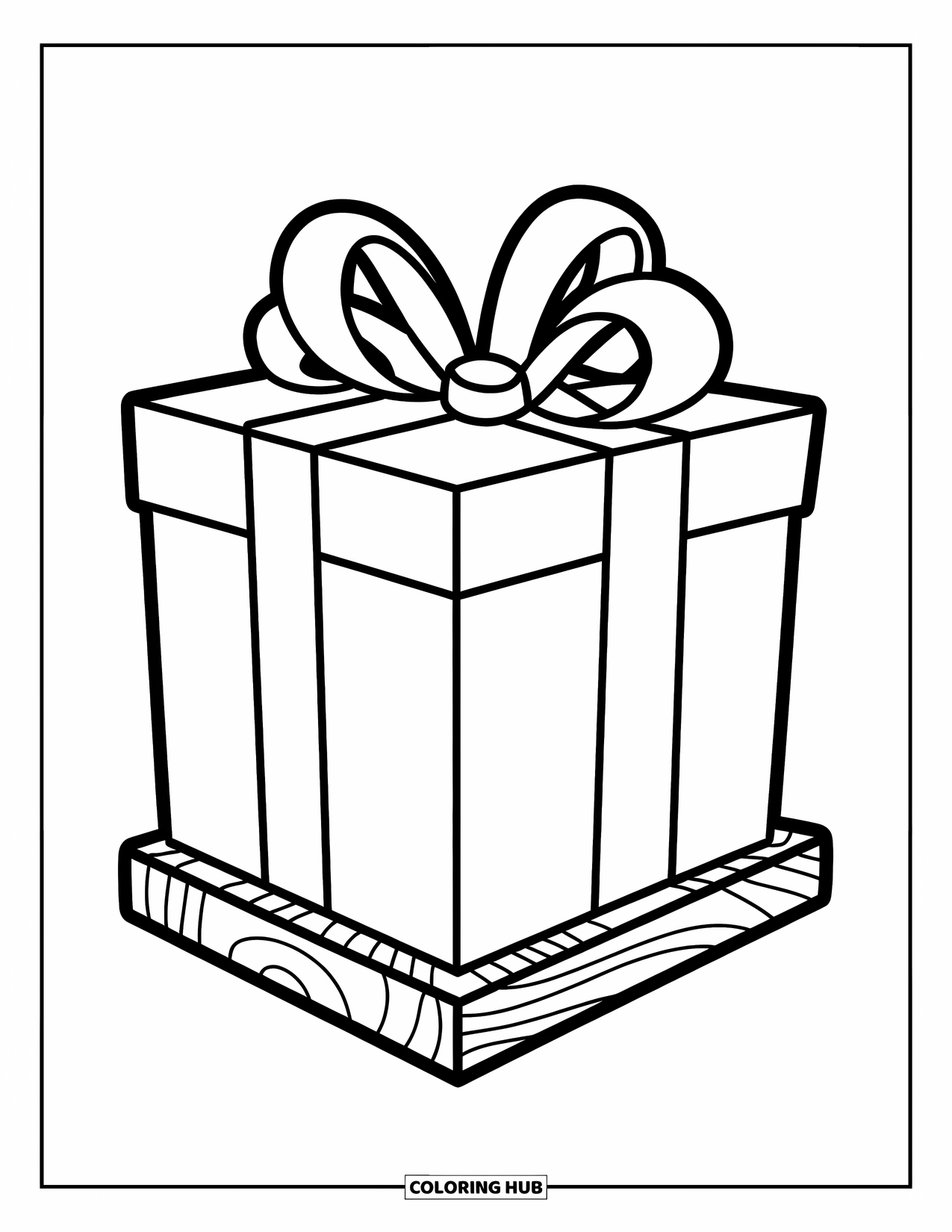 Kleurplaat Strik voor Kinderen: Een geschenkdoos verpakt met een opvallende lintstrik, netjes zittend op een houten basis
