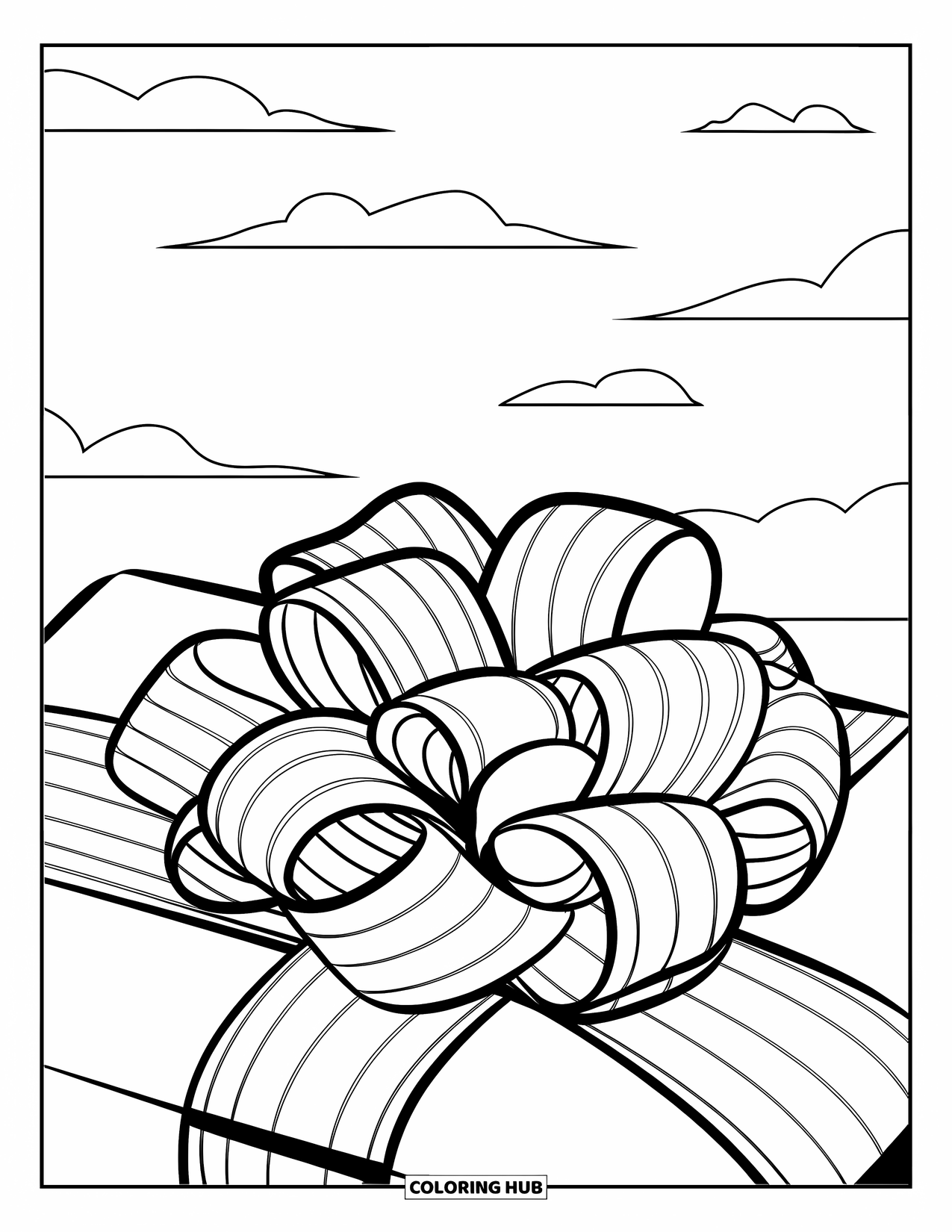 Kleurplaat Strik voor Kinderen: Een lintstrik met elegante lussen en lichte strepen, vastgebonden rond een speciaal pakket