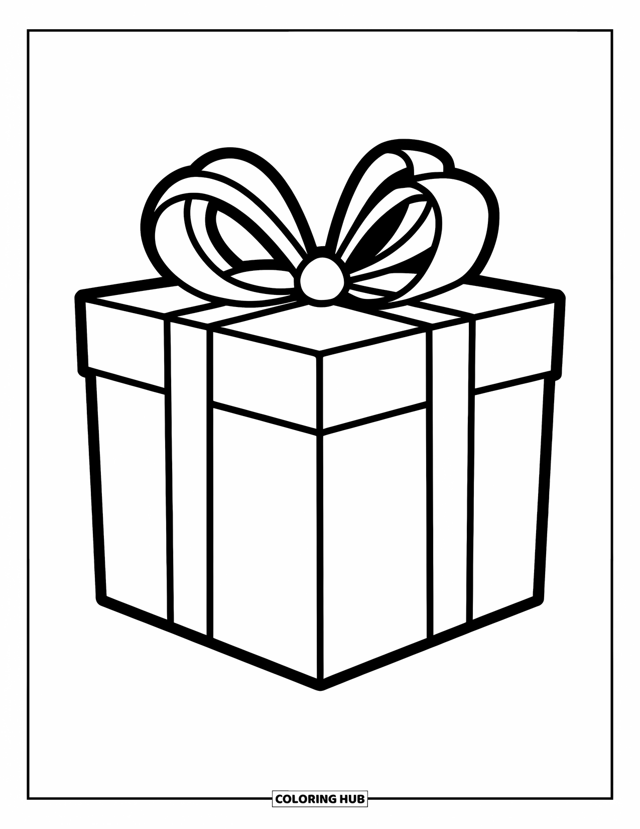 Kleurplaat Strik voor Kinderen: Een eenvoudige geschenkdoos met een opvallende lintstrik, perfect voor een vrolijke viering