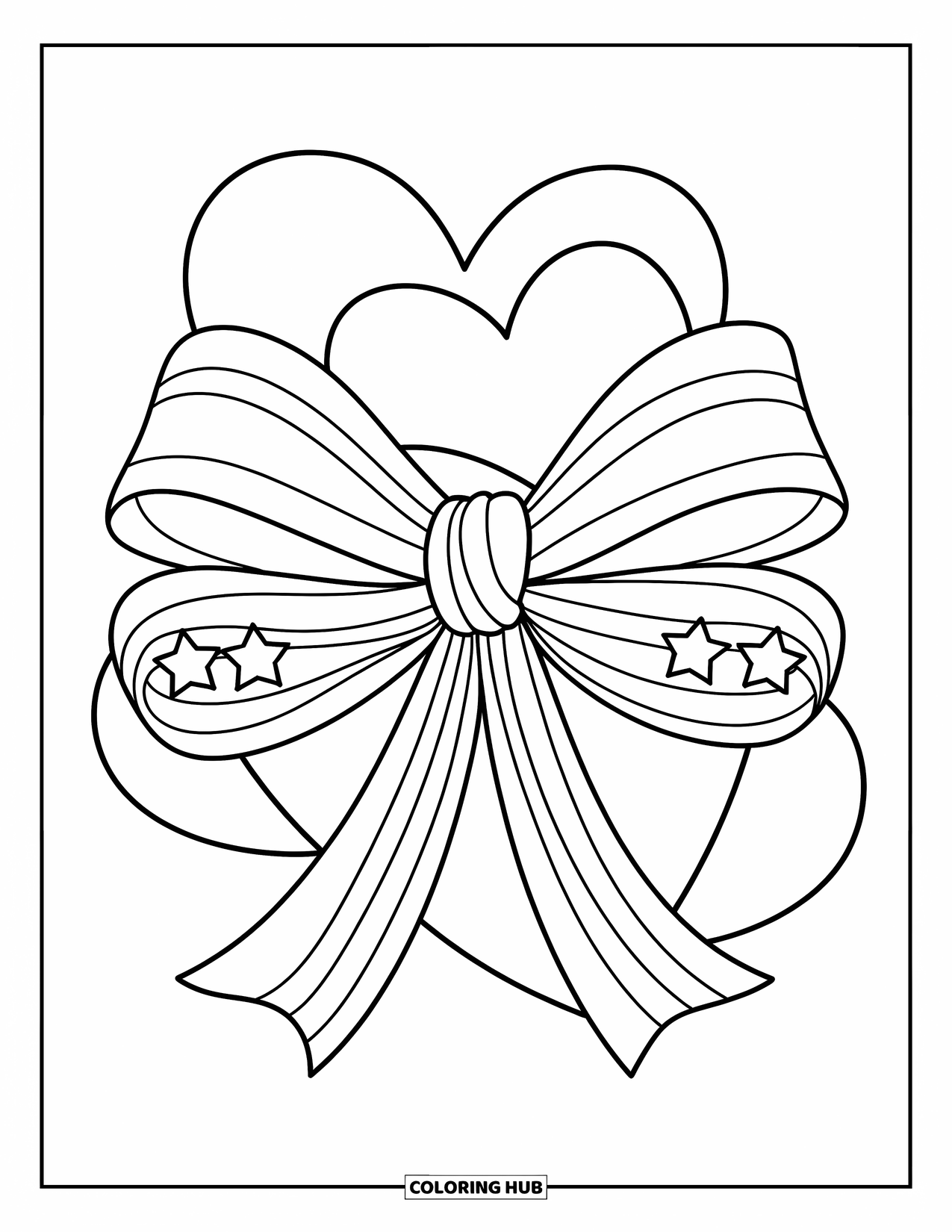 Kleurplaat Strik voor Kinderen: Een eenvoudige maar stijlvolle strik met ster- en streepdetails, vastgebonden rond een paar grote harten