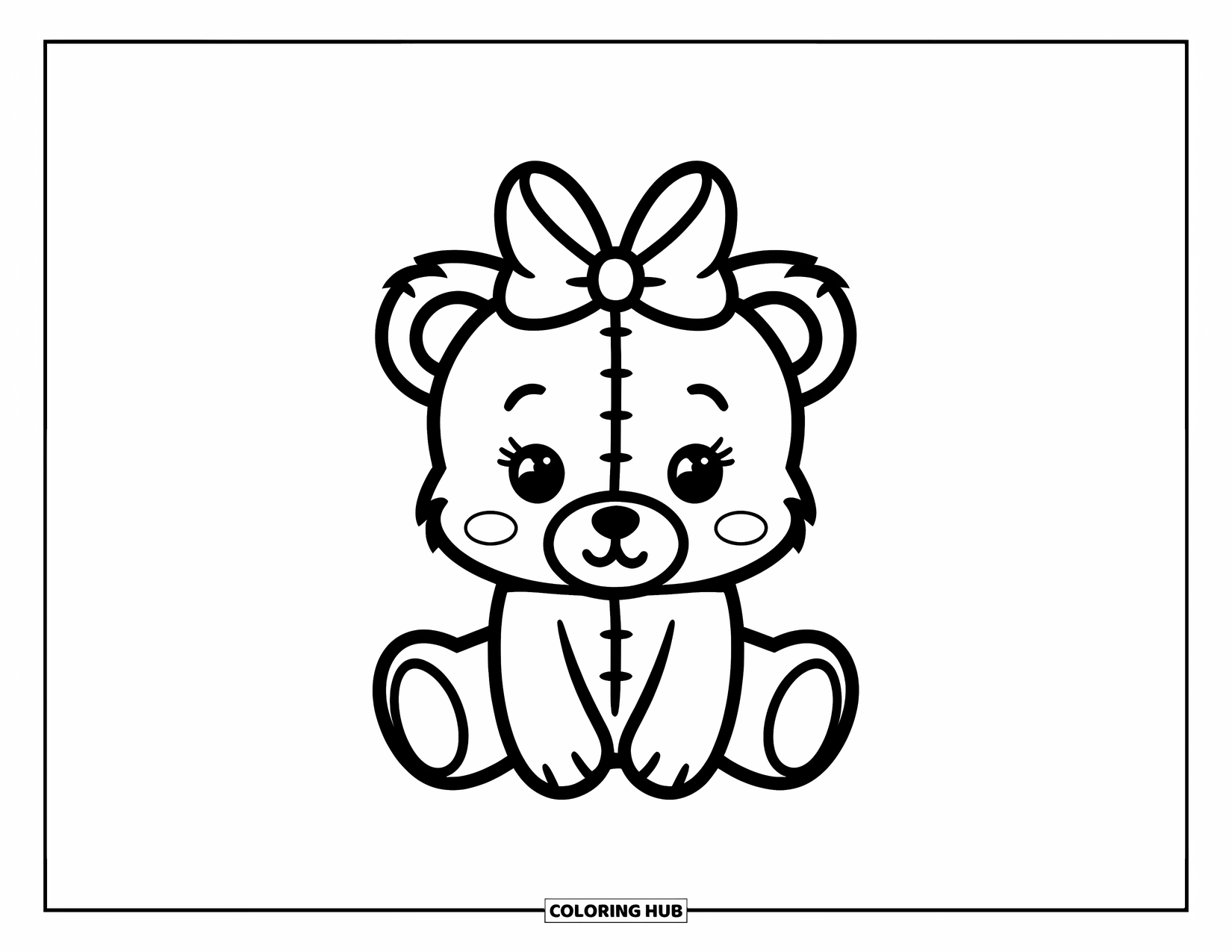 Kleurplaat Strik voor Kinderen: Een kleine teddybeer met een schattige strik op zijn hoofd, lief zittend met minimale details