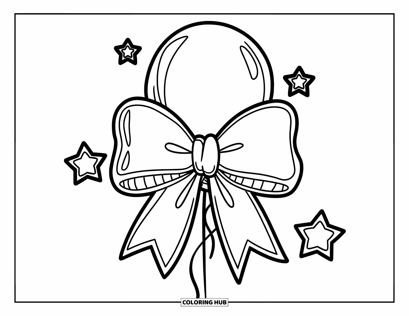 Kleurplaat Strik voor Kinderen: Een zachte, ronde ballon vastgebonden met een grote strik, zwevend in een dromerige lucht met sterren