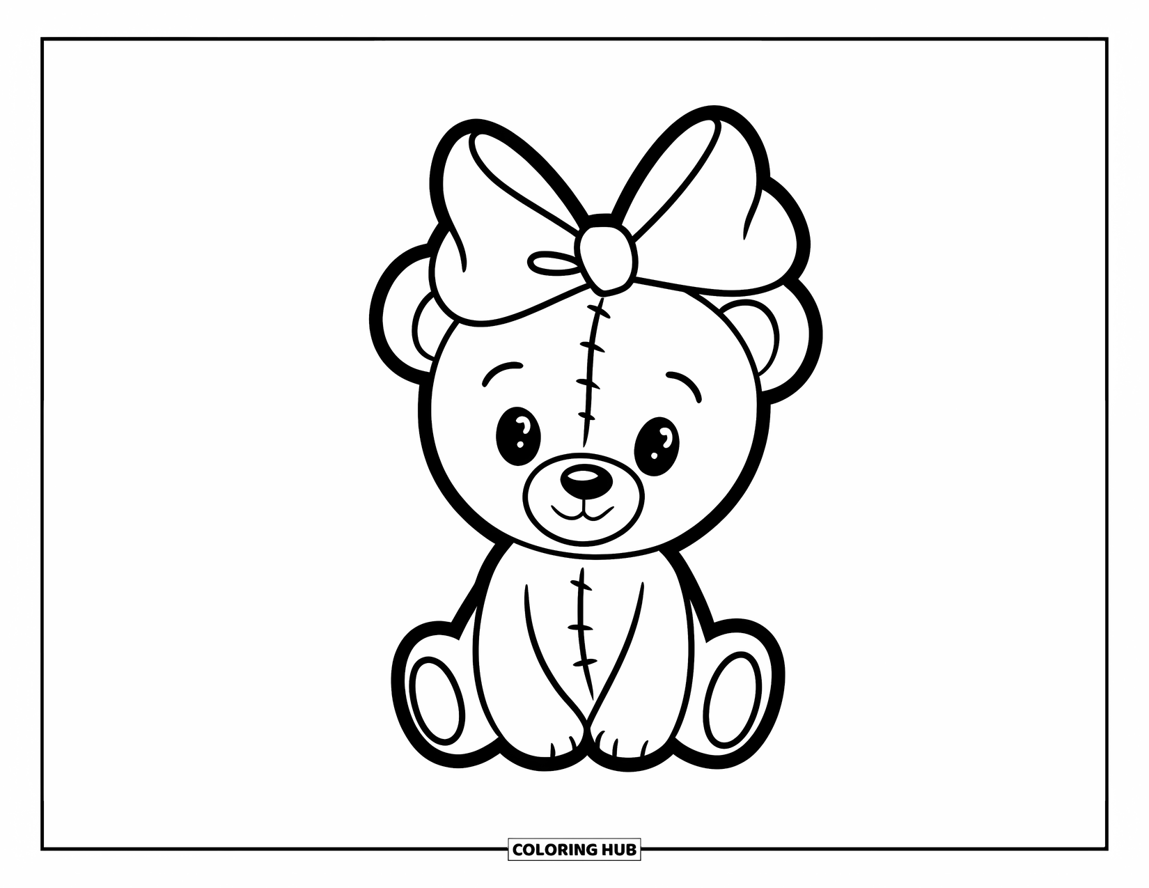 Kleurplaat Strik voor Kinderen: Een teddybeer met een grote strik op zijn hoofd, getekend in een eenvoudige en schattige stijl