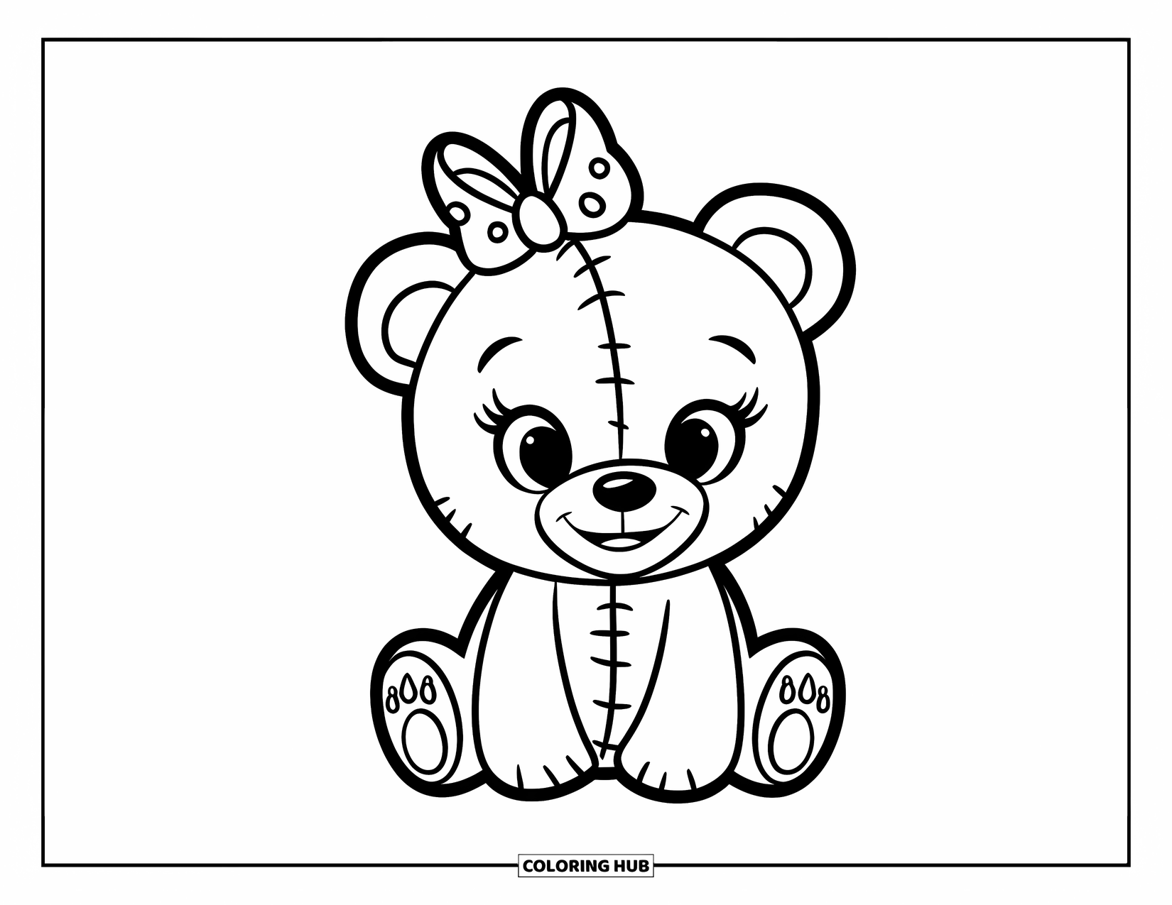 Kleurplaat Strik voor Kinderen: Een kleine teddybeer met een strik, vredig zittend en ontworpen met gemakkelijk in te kleuren functies