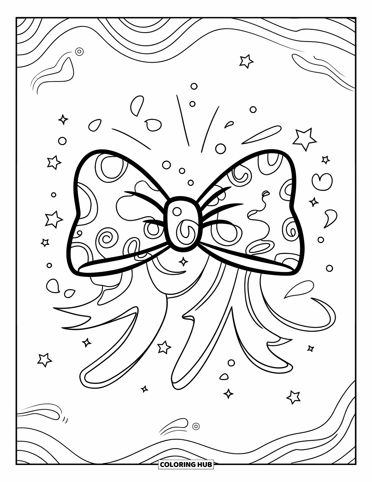 Kleurplaat Strik voor Kinderen: Een grillige strik omringd door wervelende patronen en abstracte vormen voor creatief plezier