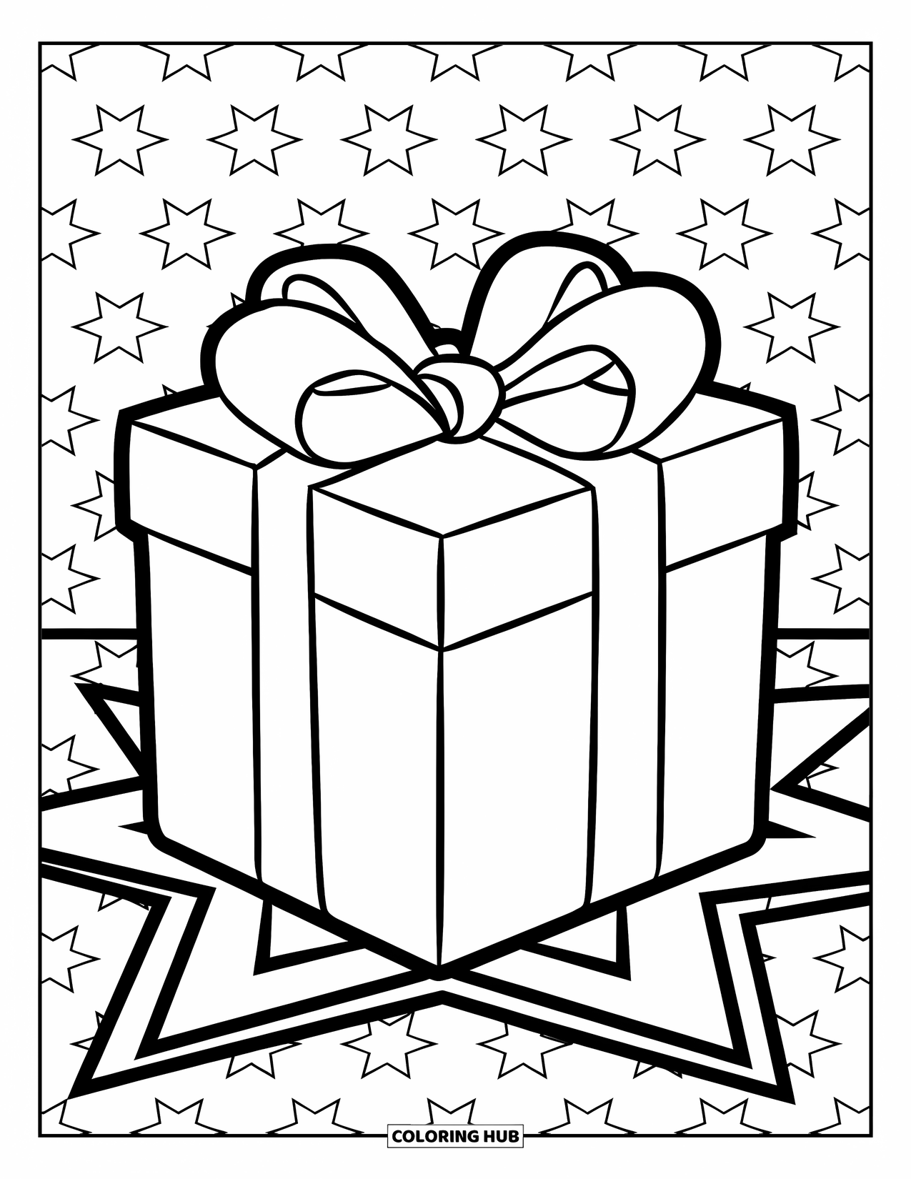 Kleurplaat Strik voor Kinderen: Een ingepakt cadeau met een opvallend lint, geplaatst op een achtergrond met sterrenpatroon