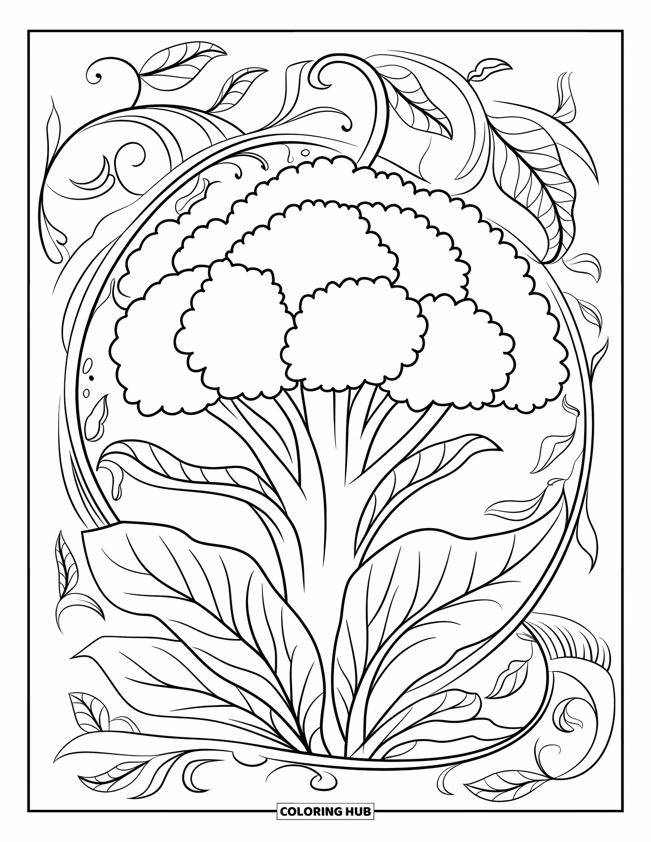 Coloriage de brocoli pour adultes : Un brocoli de style botanique entouré de vignes torsadées et de motifs feuillus