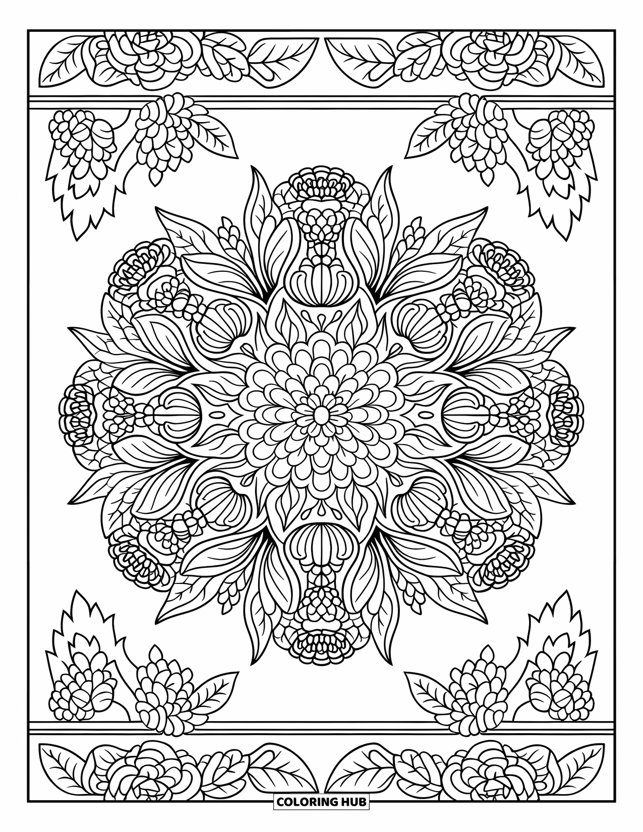 Coloriage de brocoli pour adultes : Un mandala centré sur le brocoli avec des motifs végétaux et floraux complexes