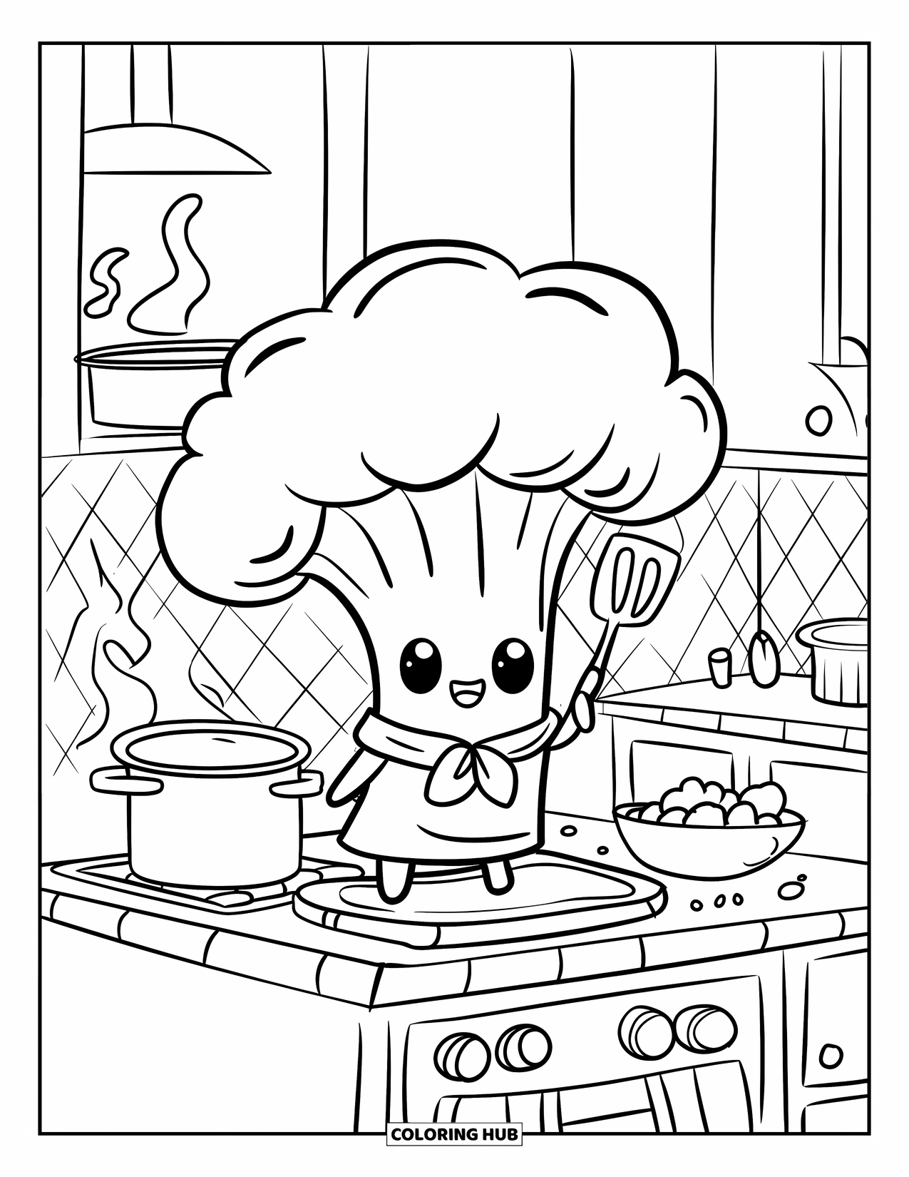 Coloriage de brocoli pour adultes : Un brocoli chef cuisine joyeusement dans une minuscule cuisine remplie de casseroles, de bols et de vapeur chaude