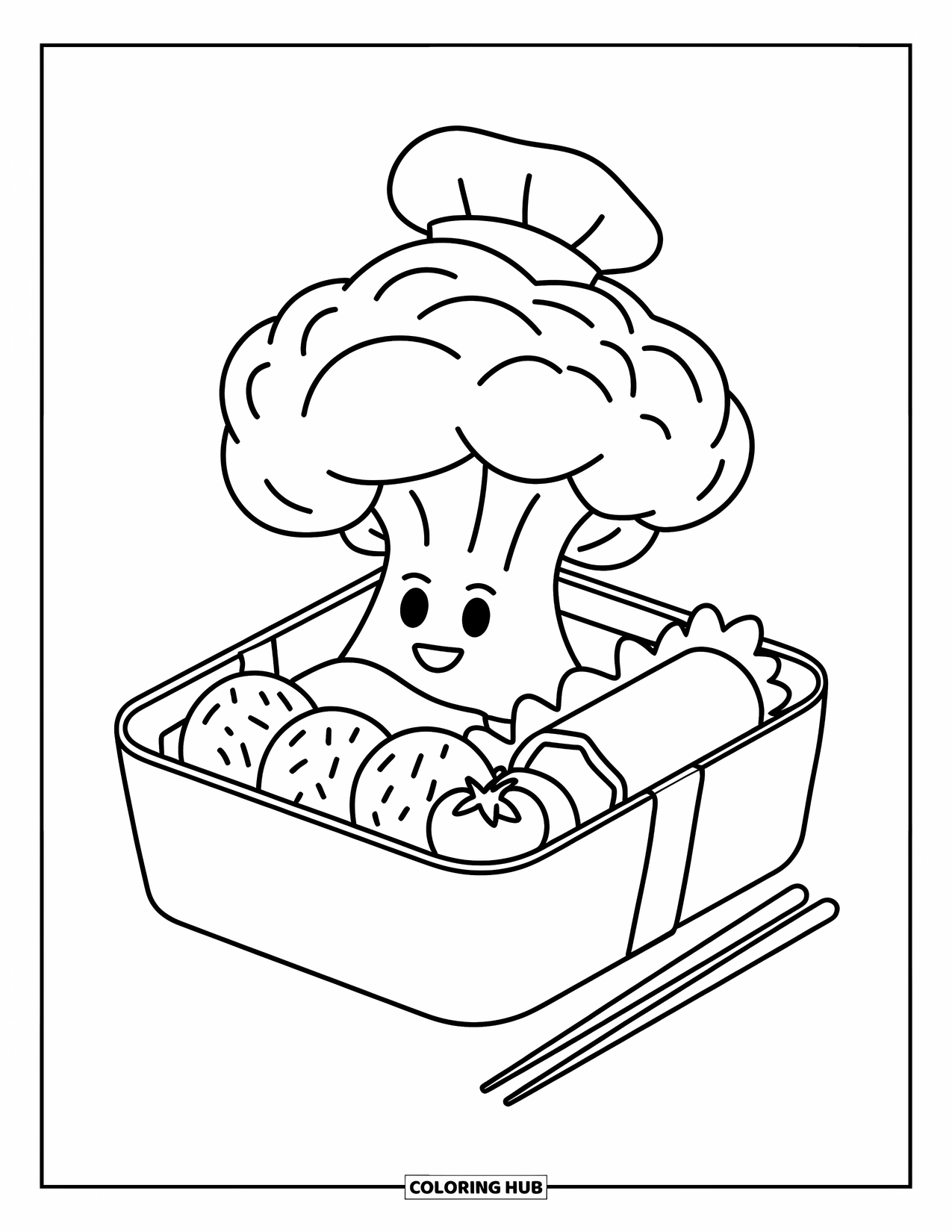 Coloriage de brocoli pour adultes : Un brocoli chef est joyeusement assis dans une boîte à bento entouré d'adorables aliments