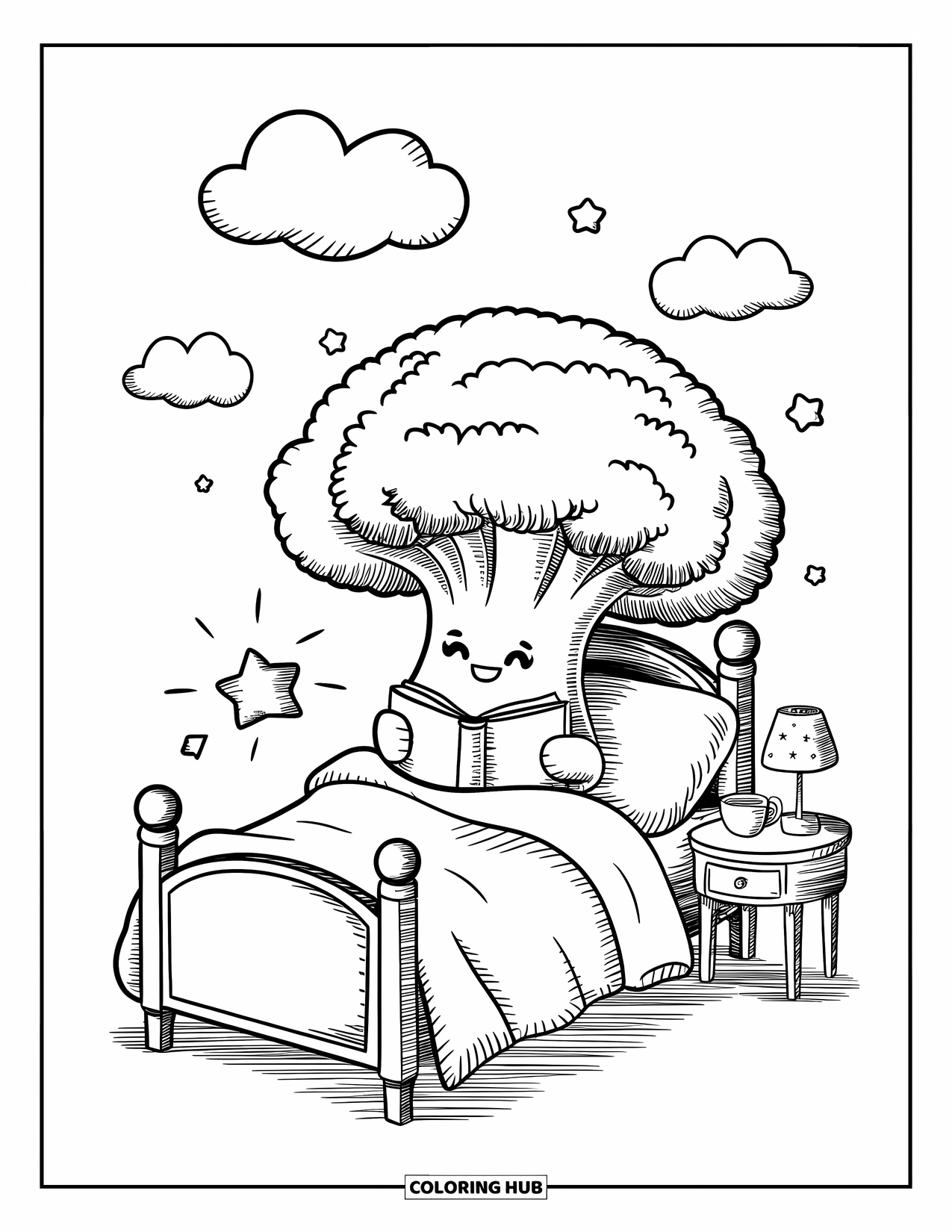 Coloriage de brocoli pour adultes : Un brocoli blotti dans son lit lit un livre à côté d'une minuscule lampe et d'une tasse de thé