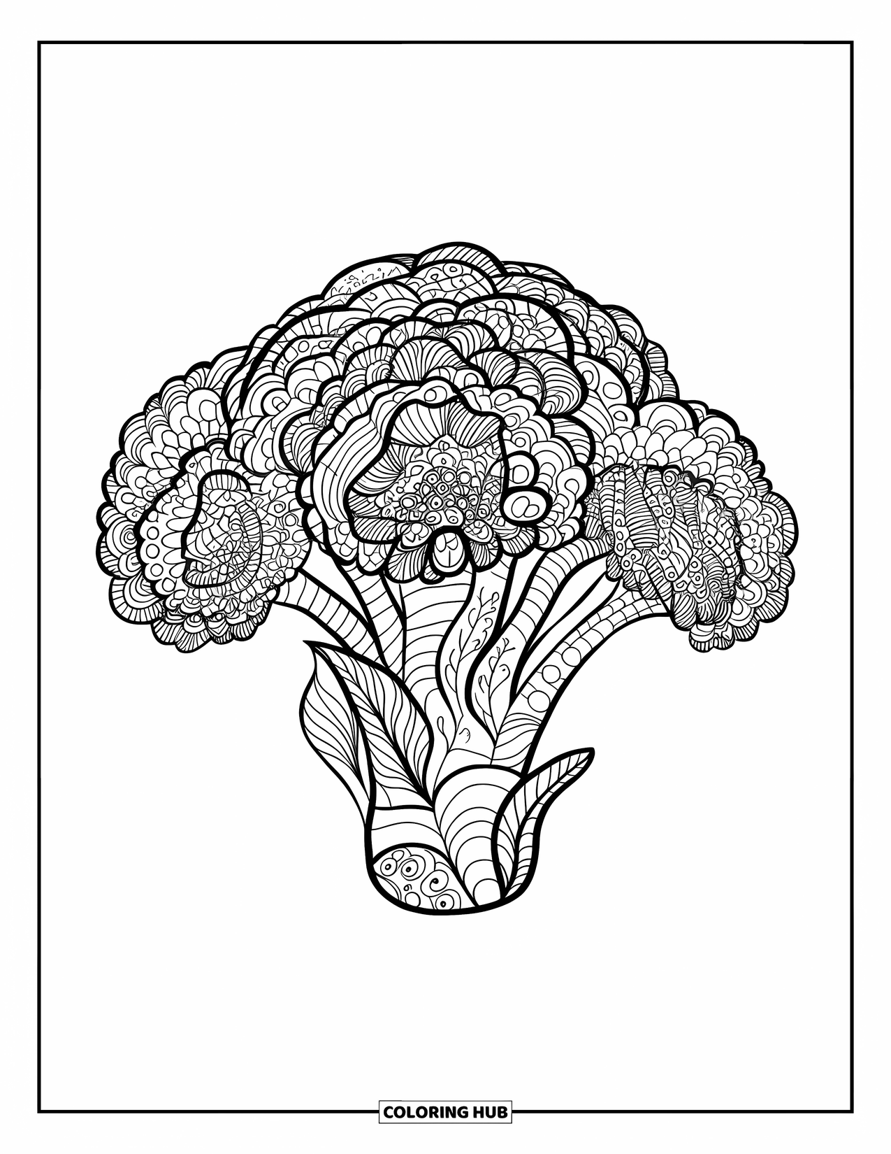 Coloriage de brocoli pour adultes : Un dessin de brocoli avec des motifs zentangle ornés sur chaque fleuron et tige