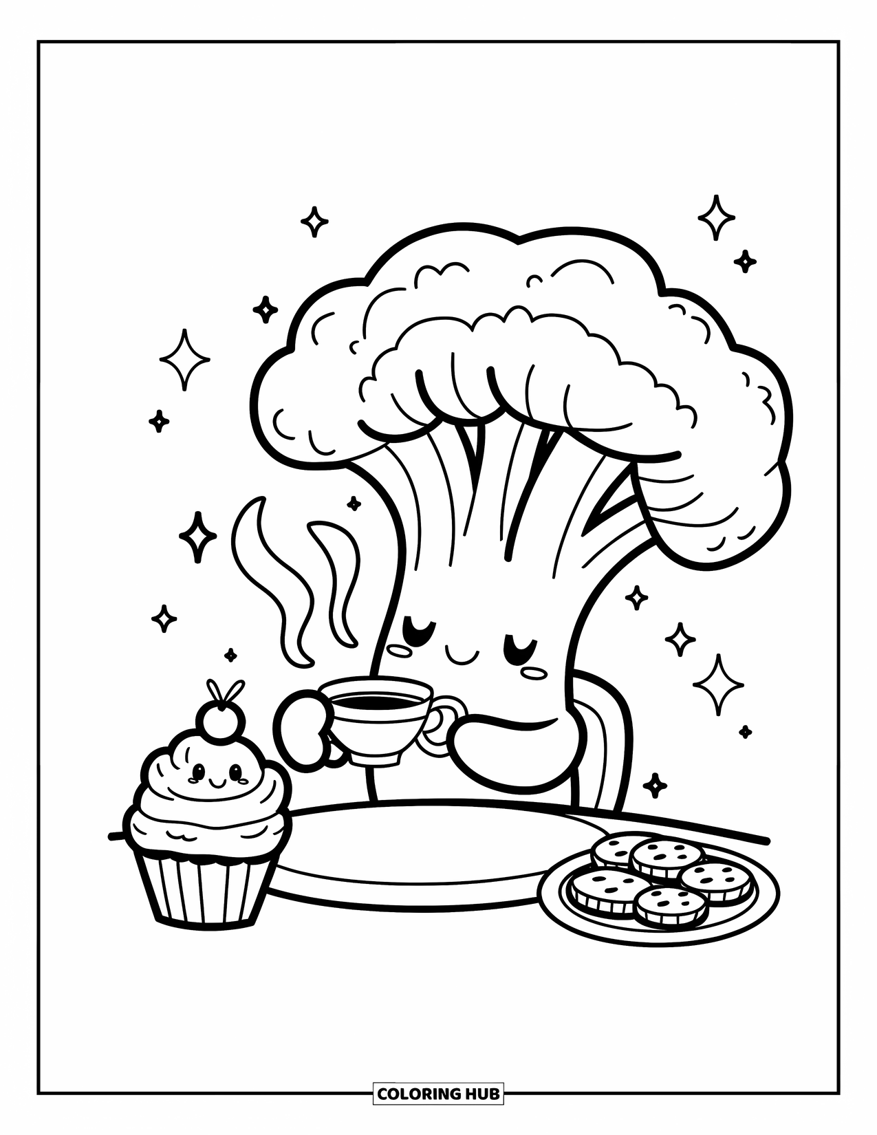 Coloriage de brocoli pour adultes : Un brocoli profite d'une pause thé, sirotant dans une minuscule tasse avec des étincelles flottantes autour
