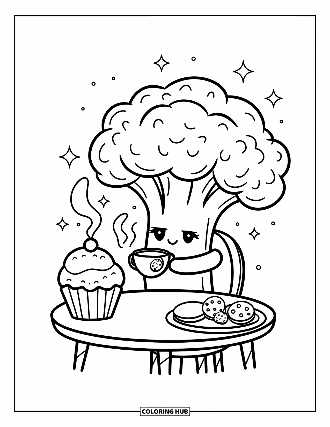 Coloriage de brocoli pour adultes : Un brocoli profite de l'heure du thé avec un cupcake, des biscuits et une atmosphère magique