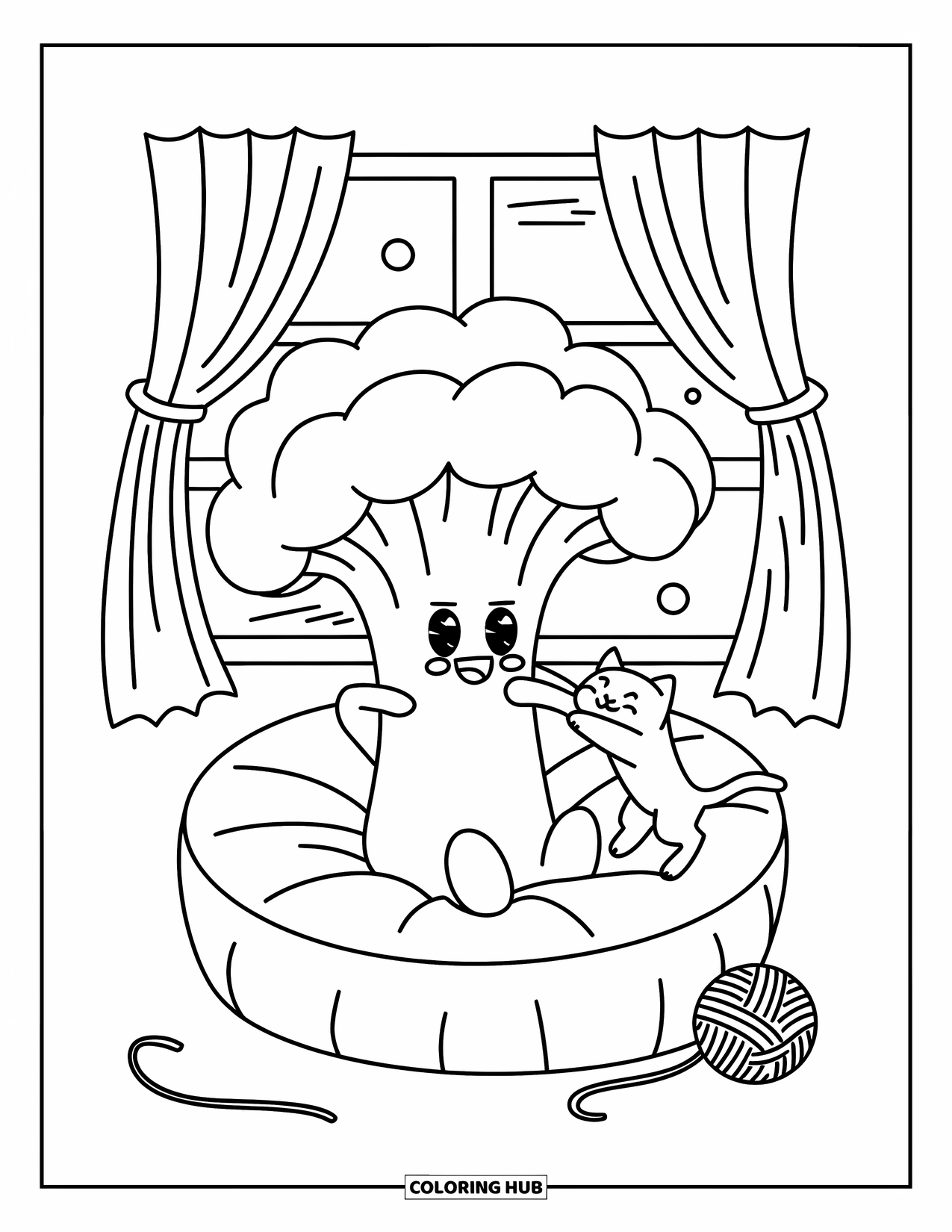 Coloriage de brocoli pour adultes : Un brocoli glousse sur un coussin rond tandis qu'un minuscule chat frappe enjouement son sommet feuillu