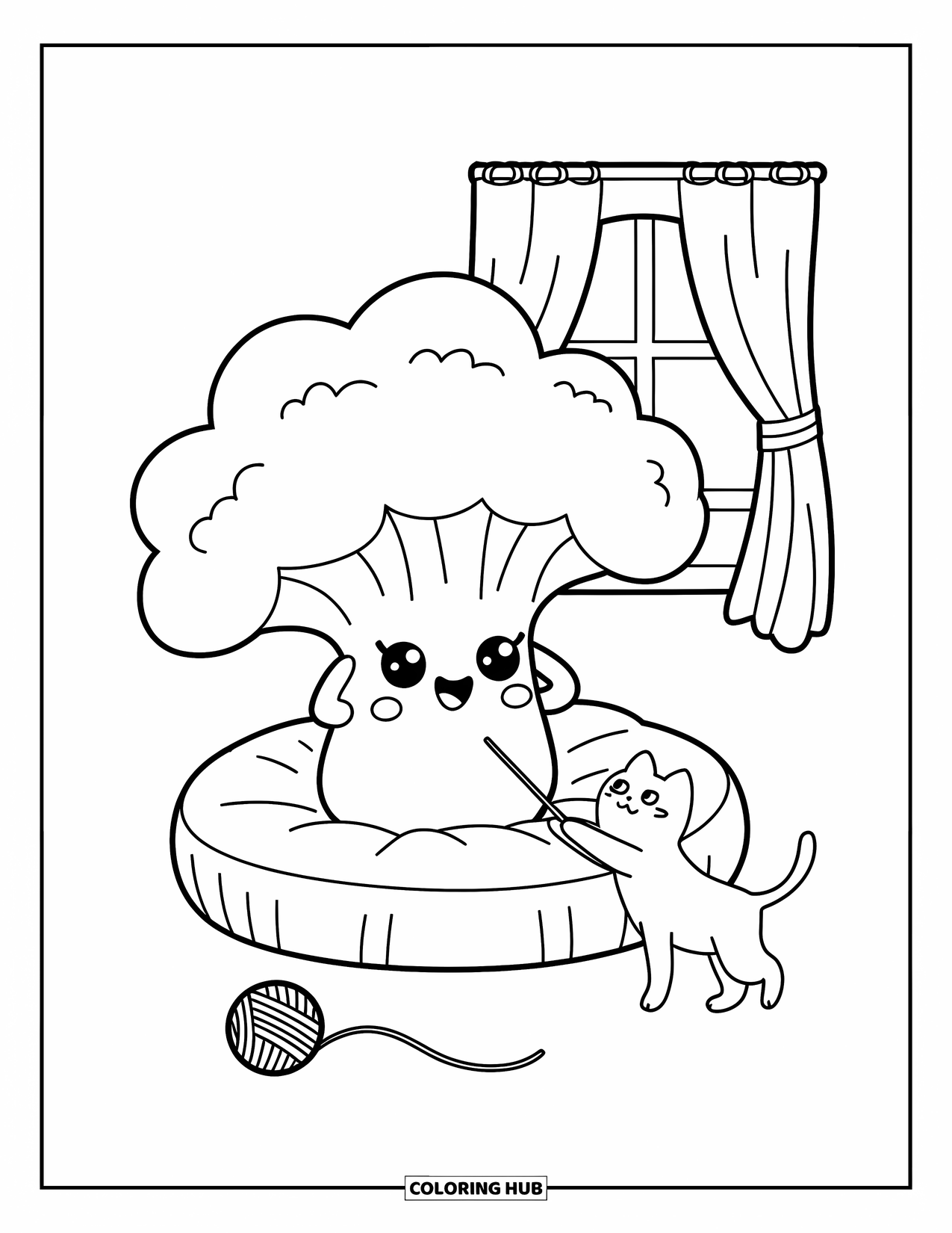 Coloriage de brocoli pour adultes : Un brocoli rit tandis qu'un minuscule chat tire enjouement son sommet feuillu