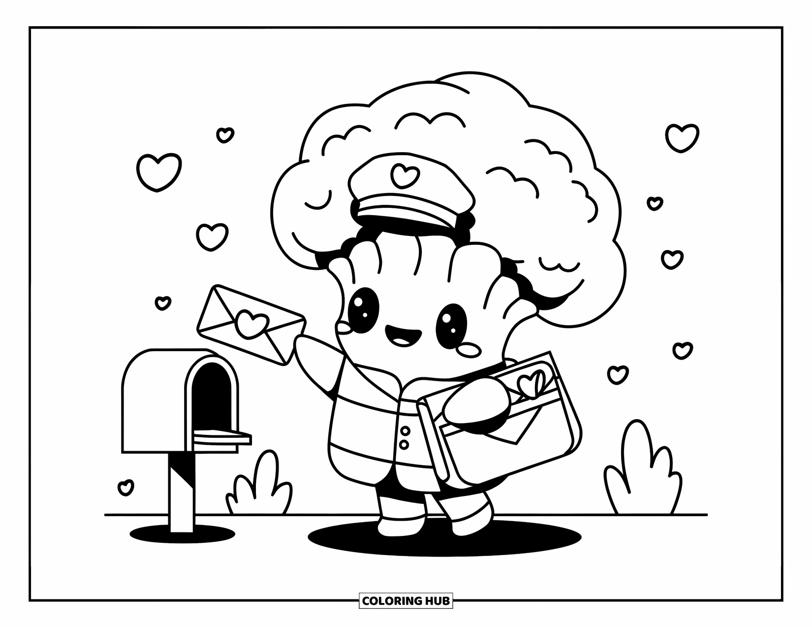 Coloriage de brocoli pour adultes : Un brocoli facteur avec une lettre scellée d'un cœur se tient près d'une boîte aux lettres avec des cœurs flottants