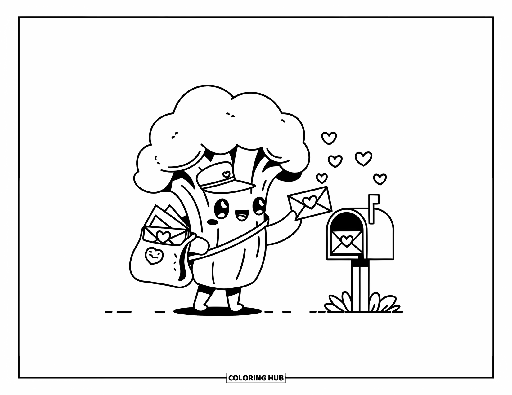 Coloriage de brocoli pour adultes : Un brocoli facteur avec un minuscule chapeau livre une lettre scellée d'un cœur près d'une boîte aux lettres