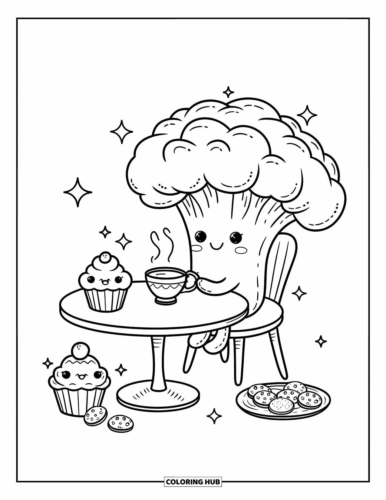 Coloriage de brocoli pour adultes : Un brocoli sirote du thé à une table confortable avec des biscuits, un cupcake et des étincelles flottantes