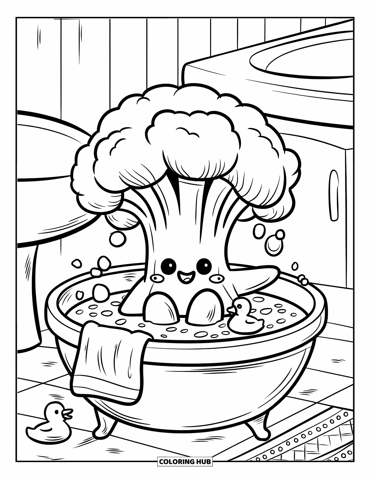 Coloriage de brocoli pour adultes : Un brocoli est assis dans un bain moussant avec un canard en caoutchouc, profitant d'un bain paisible