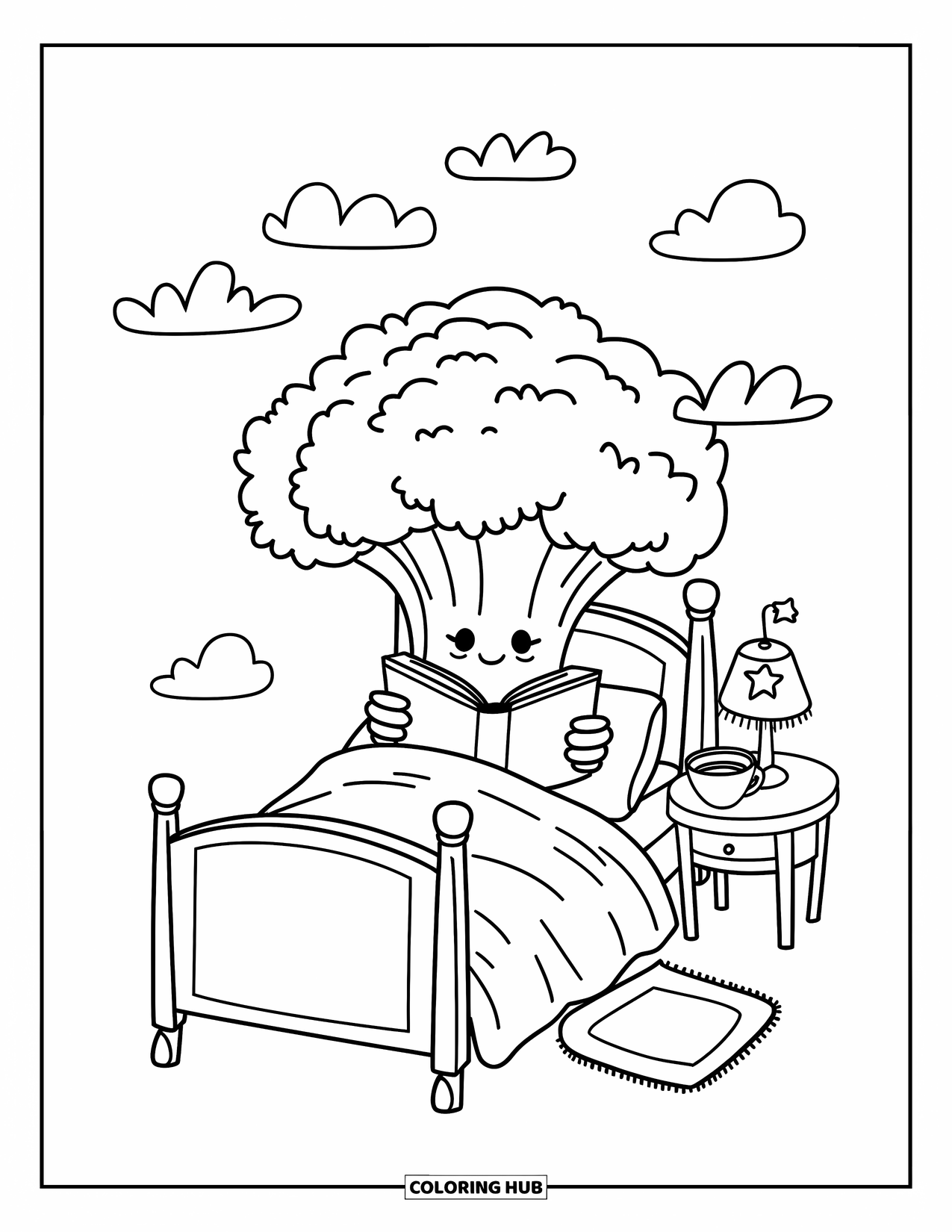 Coloriage de brocoli pour adultes : Un brocoli bordé dans son lit lit une histoire au coucher sous des nuages rêveurs