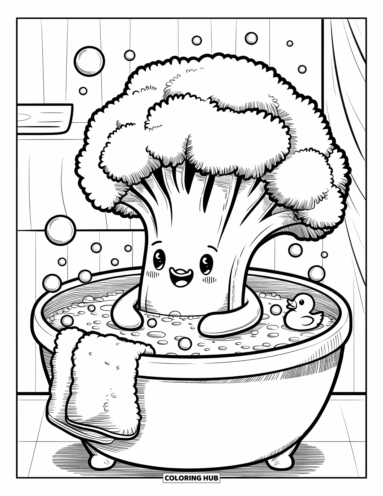 Coloriage de brocoli pour adultes : Un brocoli avec une serviette sur son sommet feuillu profite d'un bain moussant chaud