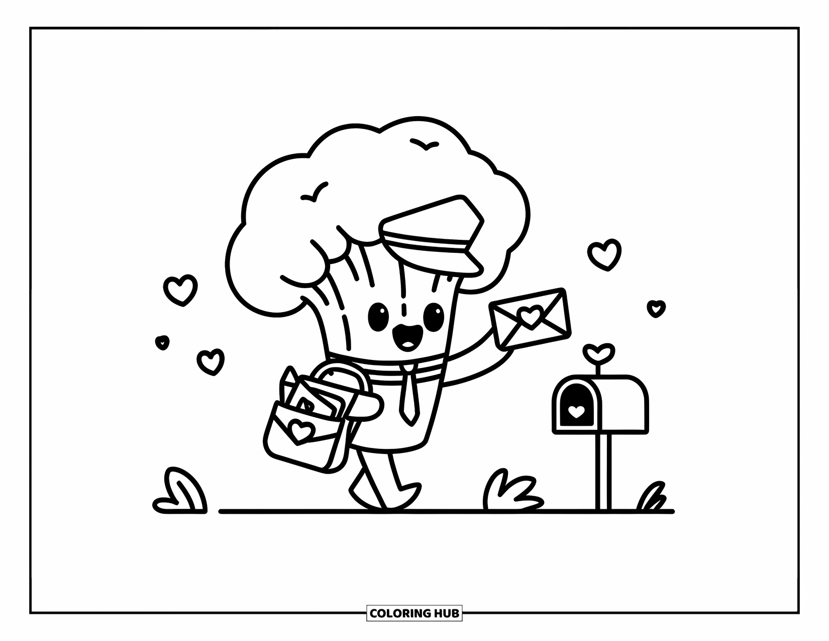 Coloriage de brocoli pour adultes : Un brocoli facteur joyeux distribue une lettre scellée d'amour près d'une minuscule boîte aux lettres