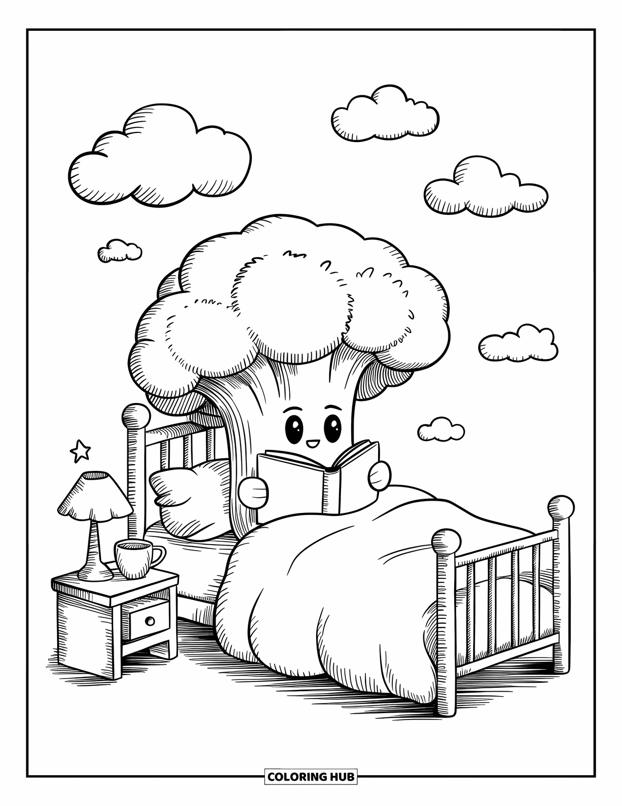 Coloriage de brocoli pour adultes : Un brocoli confortable se blottit sous une couverture moelleuse, lisant une histoire au coucher
