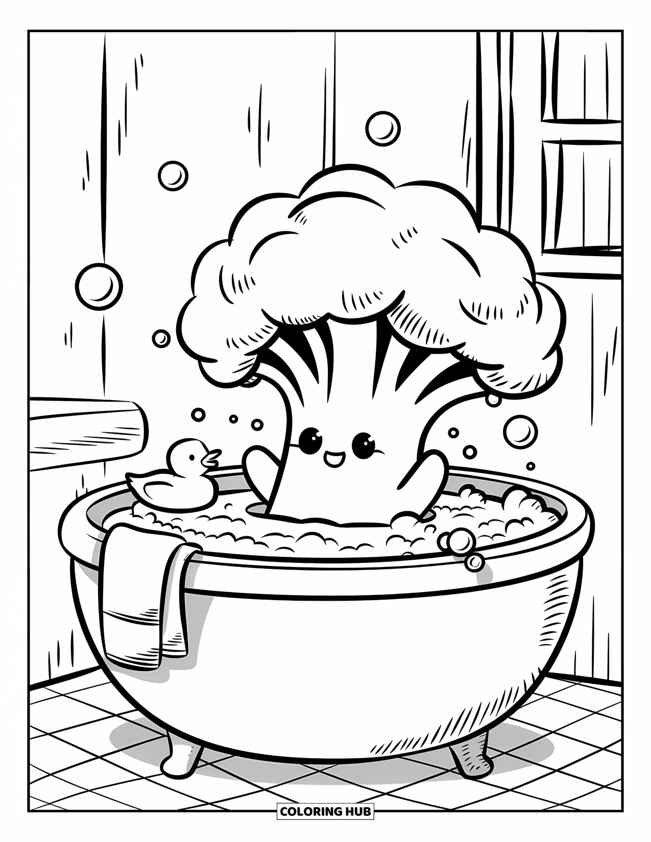 Coloriage de brocoli pour adultes : Un brocoli heureux se détend dans un bain entouré de bulles et d'un canard en caoutchouc flottant