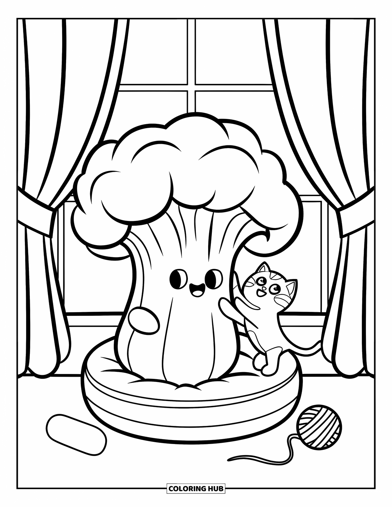 Coloriage de brocoli pour adultes : Un brocoli heureux est assis sur un coussin tandis qu'un chat enjoué tend la main vers ses feuilles