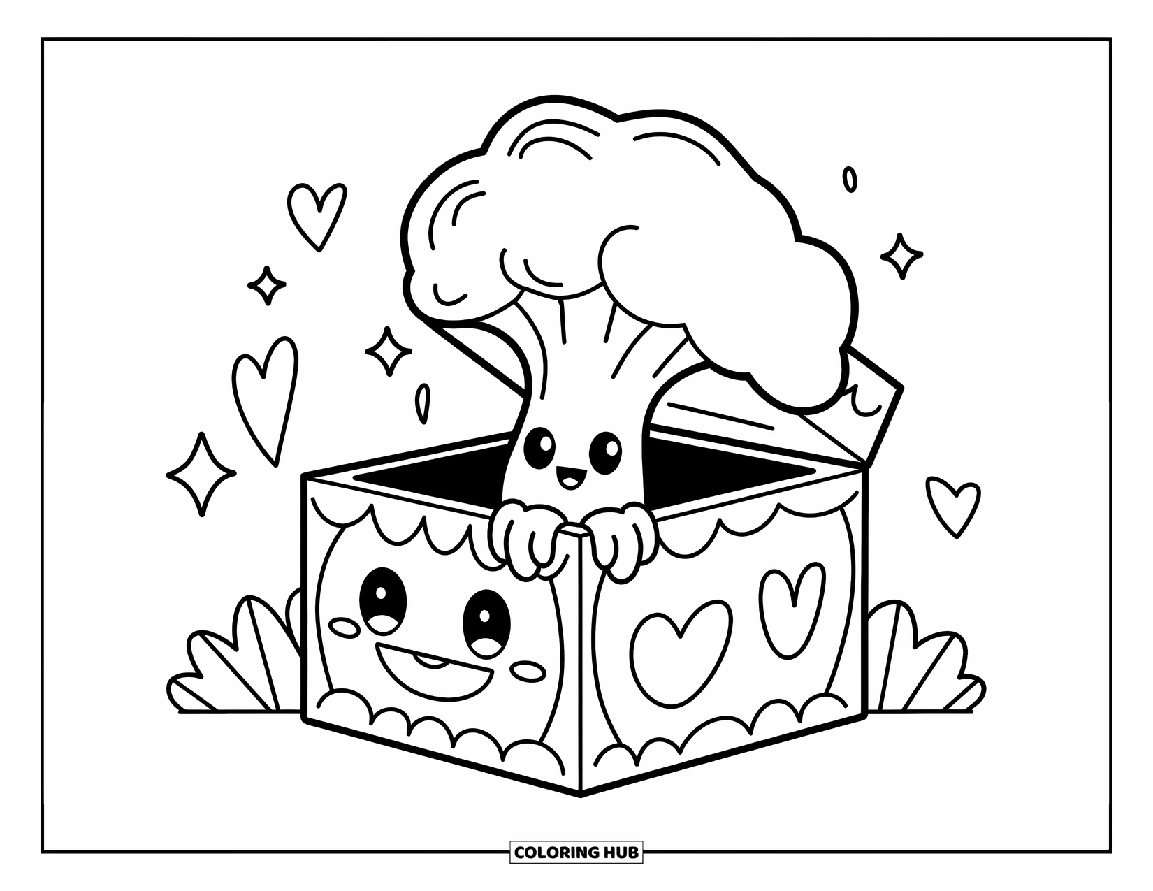 Coloriage de brocoli pour adultes : Un brocoli souriant émerge d'une boîte surprise étoilée, s'accrochant aux bords
