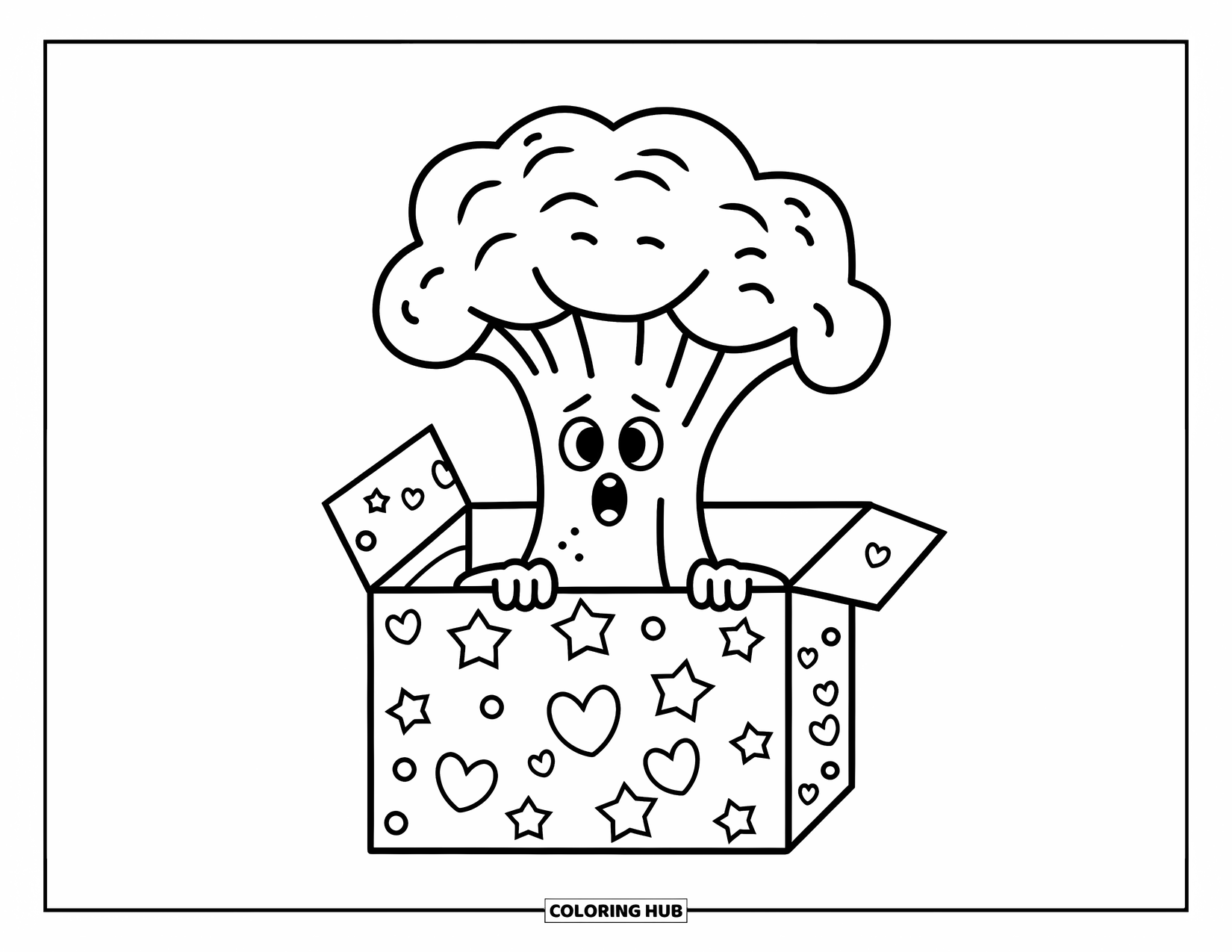 Coloriage de brocoli pour adultes : Un brocoli surpris sort d'une boîte surprise décorée couverte d'étoiles et de cœurs