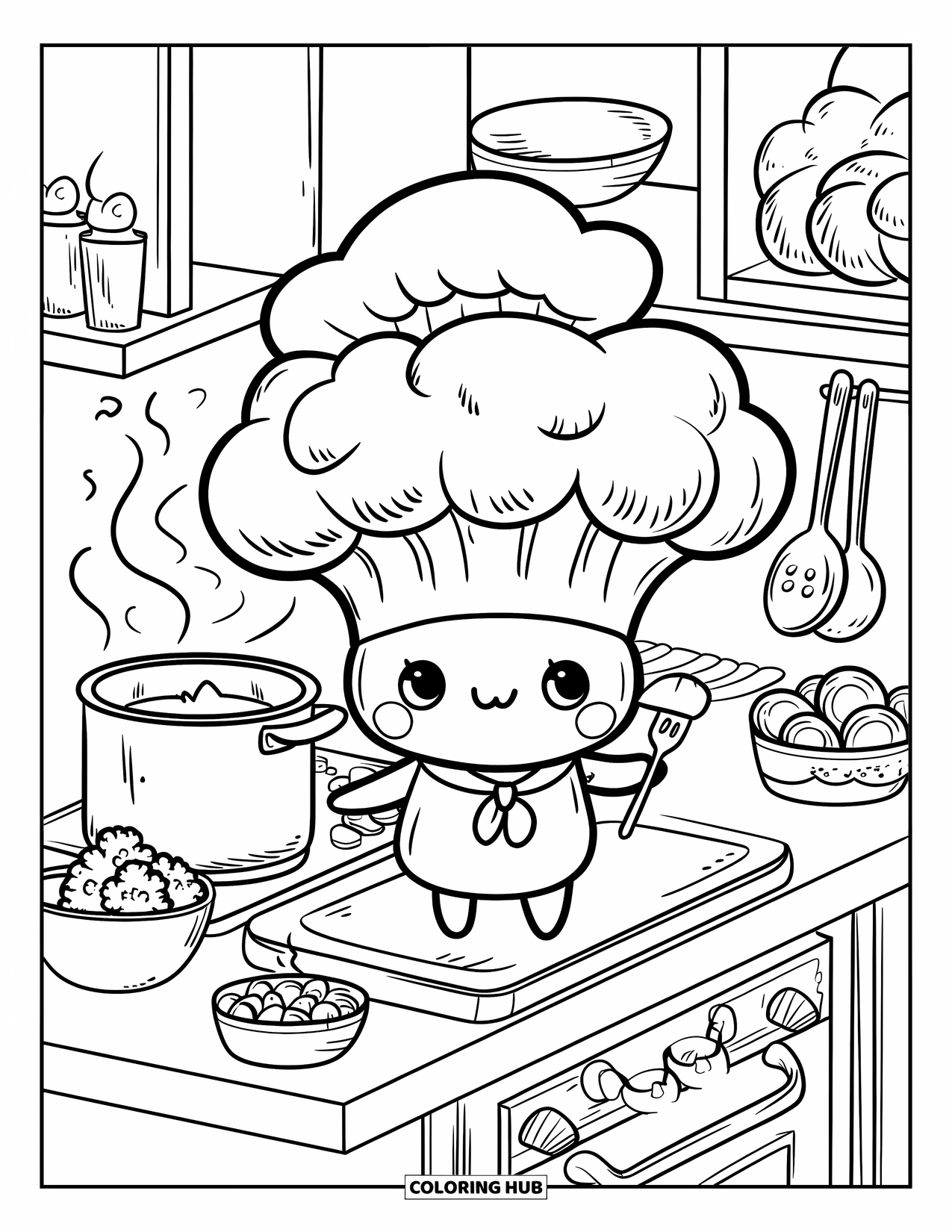 Coloriage de brocoli pour adultes : Un minuscule brocoli chef coiffé d'un chapeau remue des ingrédients dans une cuisine chaleureuse et accueillante