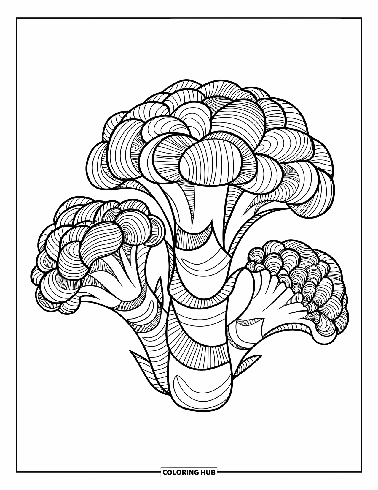 Coloriage de brocoli pour adultes : Un brocoli de style zentangle avec des motifs complexes recouvrant chaque fleuron