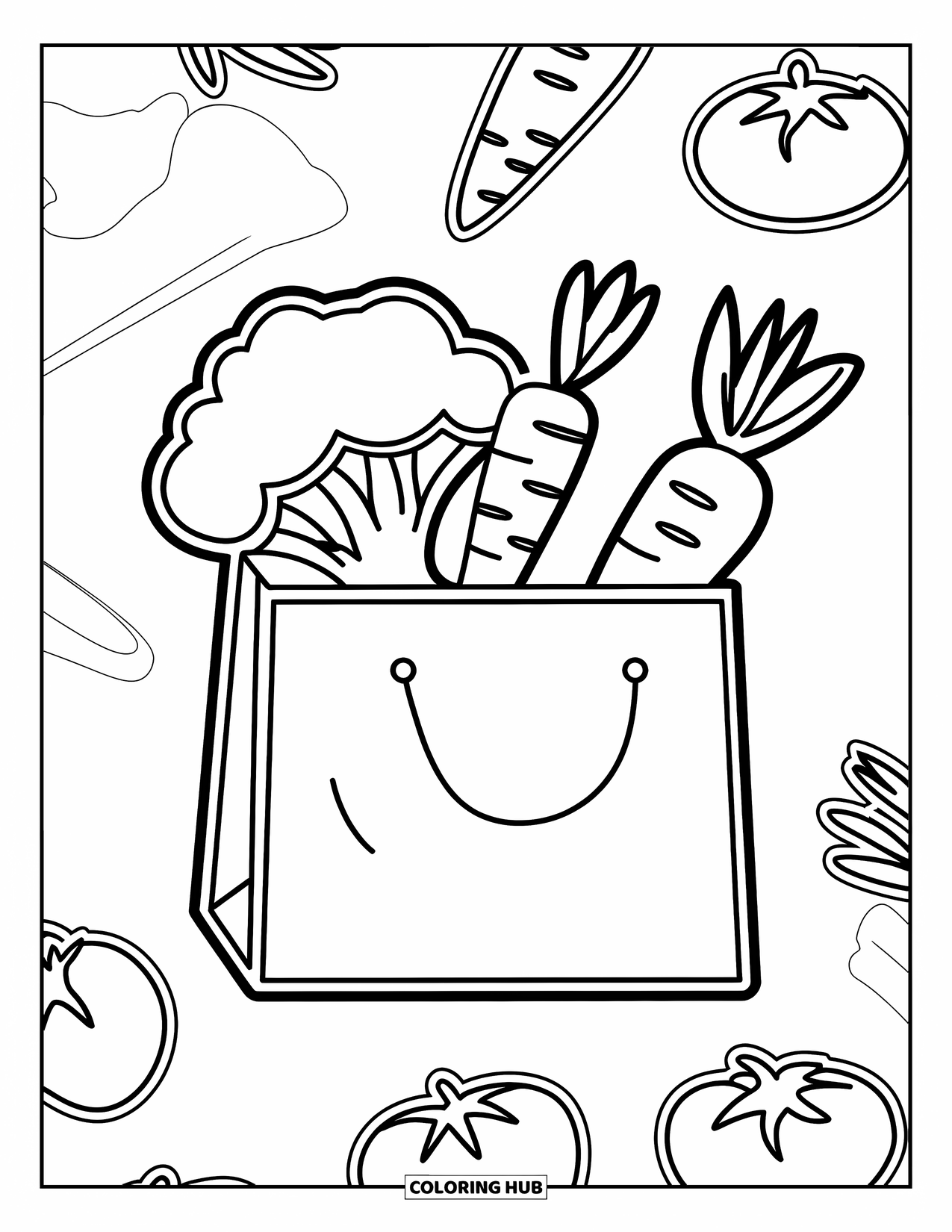 Coloriage de brocoli pour enfants : Un sac rempli de brocolis, de carottes et de tomates est prêt pour un repas sain
