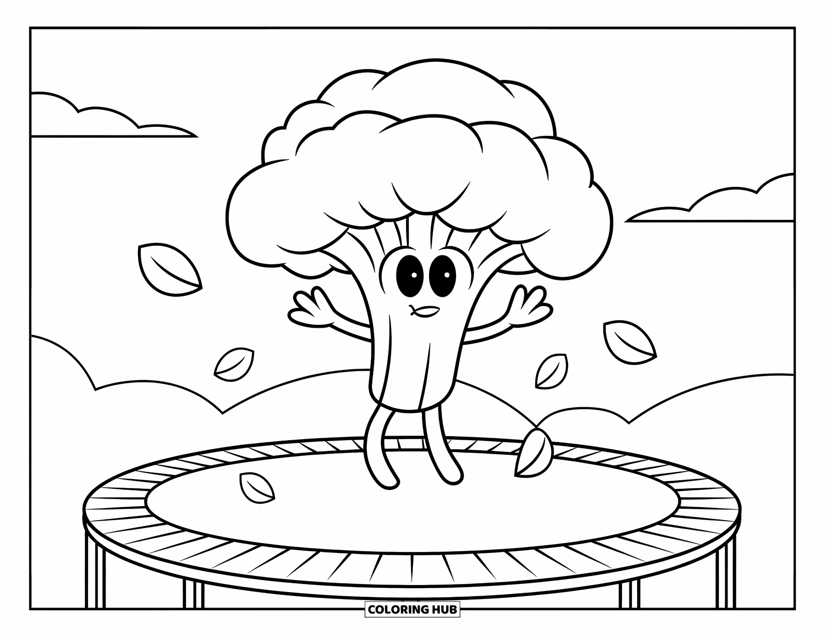 Coloriage de brocoli pour enfants : Un brocoli rebondit haut sur un trampoline, entouré de feuilles flottantes