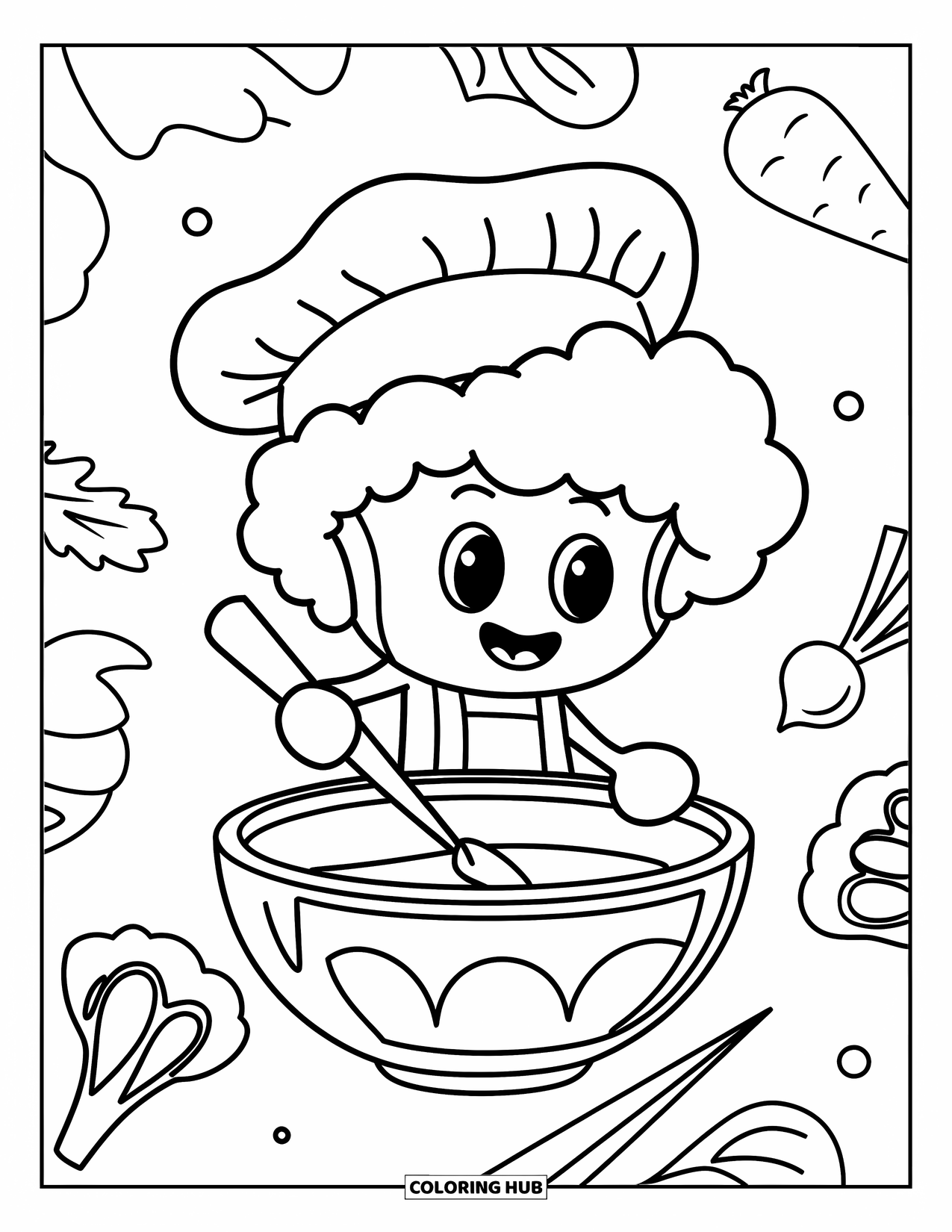 Coloriage de brocoli pour enfants : Un brocoli chef remue un bol de soupe avec des légumes flottants autour