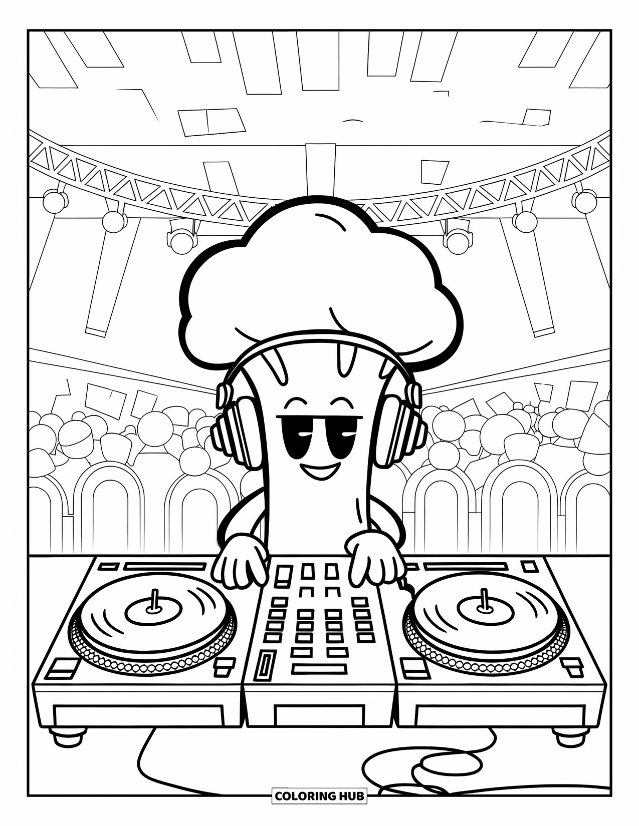 Coloriage de brocoli pour enfants : Un brocoli DJ fait tourner de la musique dans une salle de concert animée avec des lumières clignotantes et une foule dansante