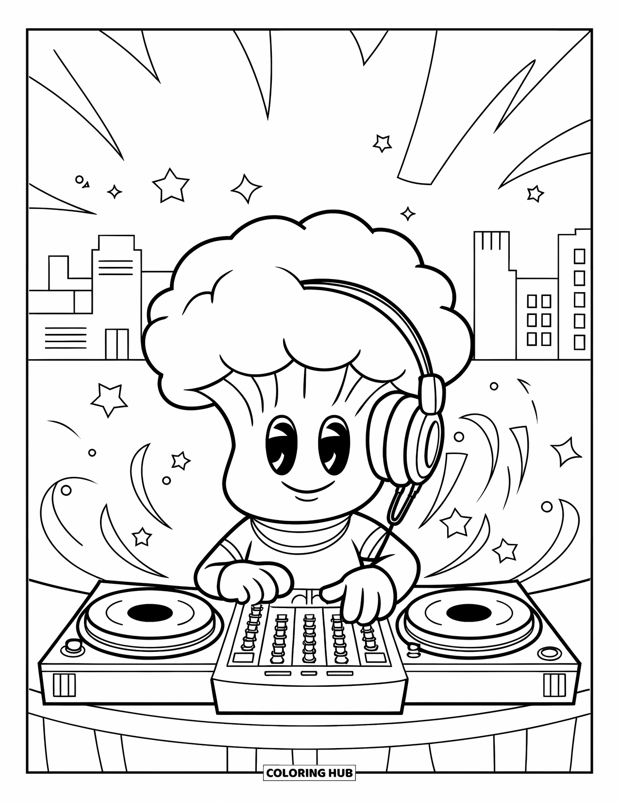 Coloriage de brocoli pour enfants : Un brocoli DJ entouré d'étoiles et de vagues mixe des morceaux avec une ligne d'horizon de la ville derrière
