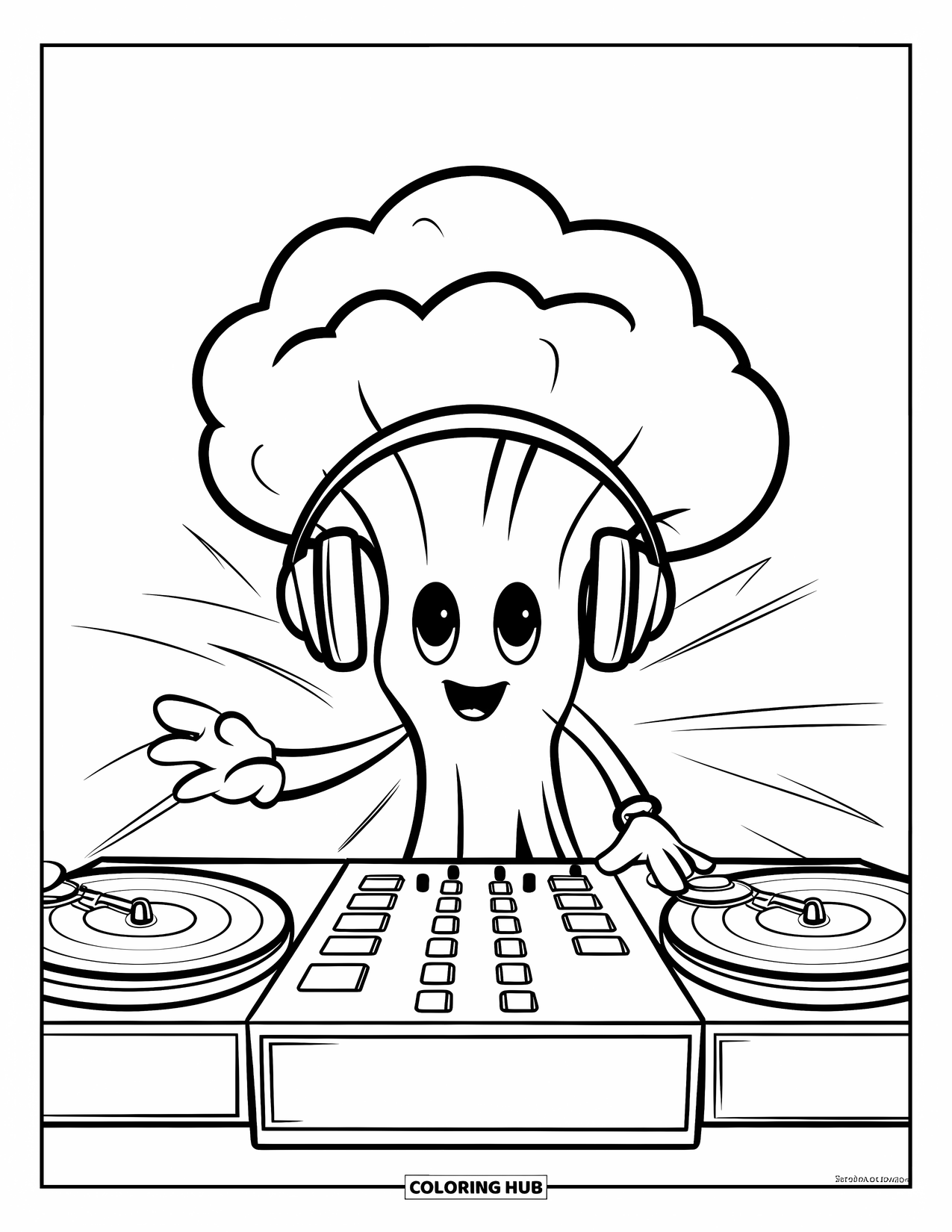 Coloriage de brocoli pour enfants : Un brocoli DJ portant des écouteurs mixe des rythmes derrière des platines avec des effets de mouvement énergiques