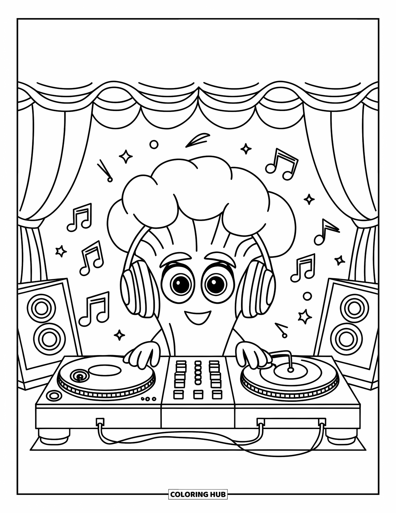 Coloriage de brocoli pour enfants : Un brocoli DJ avec un chapeau et des yeux expressifs lâche des rythmes sur une scène avec des haut-parleurs