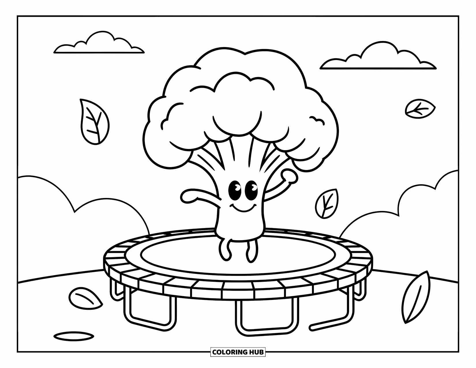 Coloriage de brocoli pour enfants : Un brocoli profite d'un rebond amusant sur un trampoline sous un ciel dégagé
