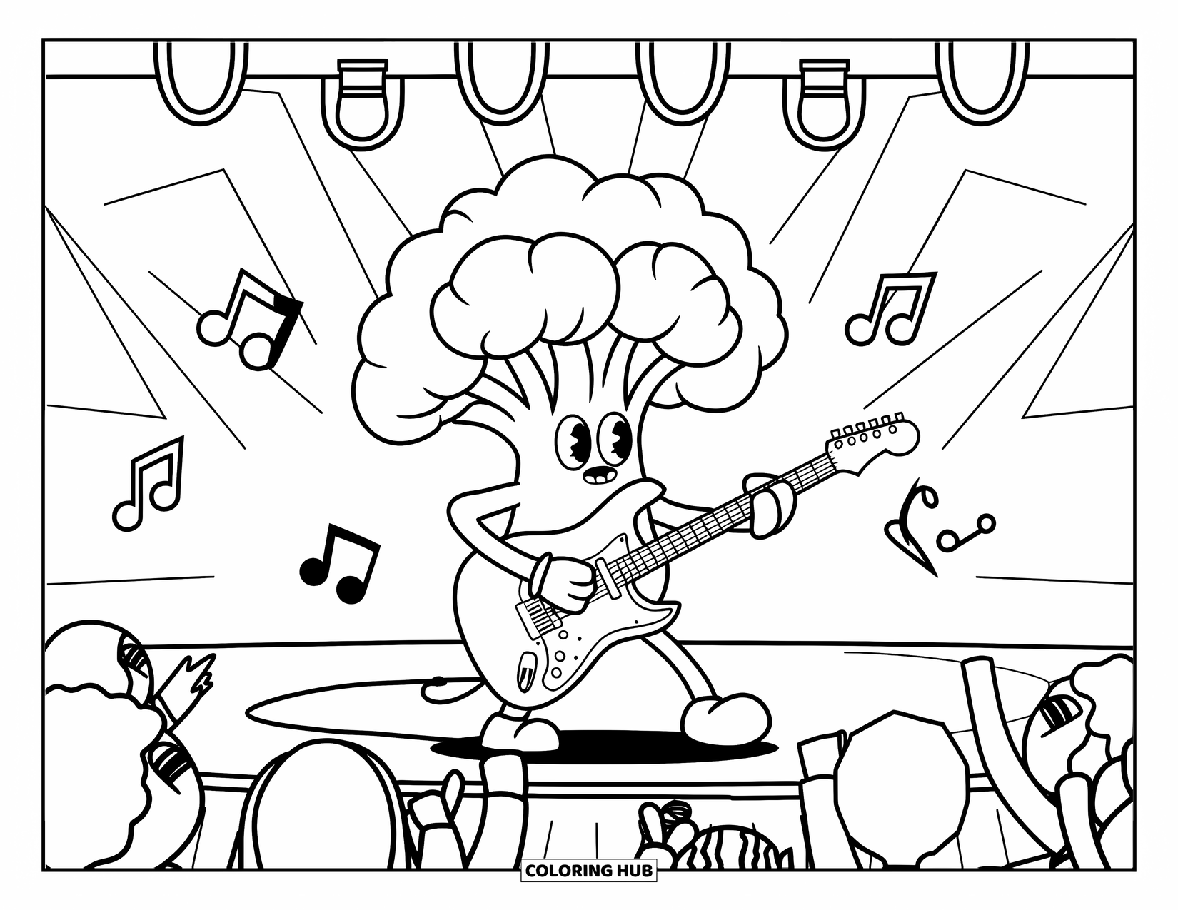 Coloriage de brocoli pour enfants : Un brocoli guitariste se produit sur scène avec des notes de musique flottantes et une foule enthousiaste