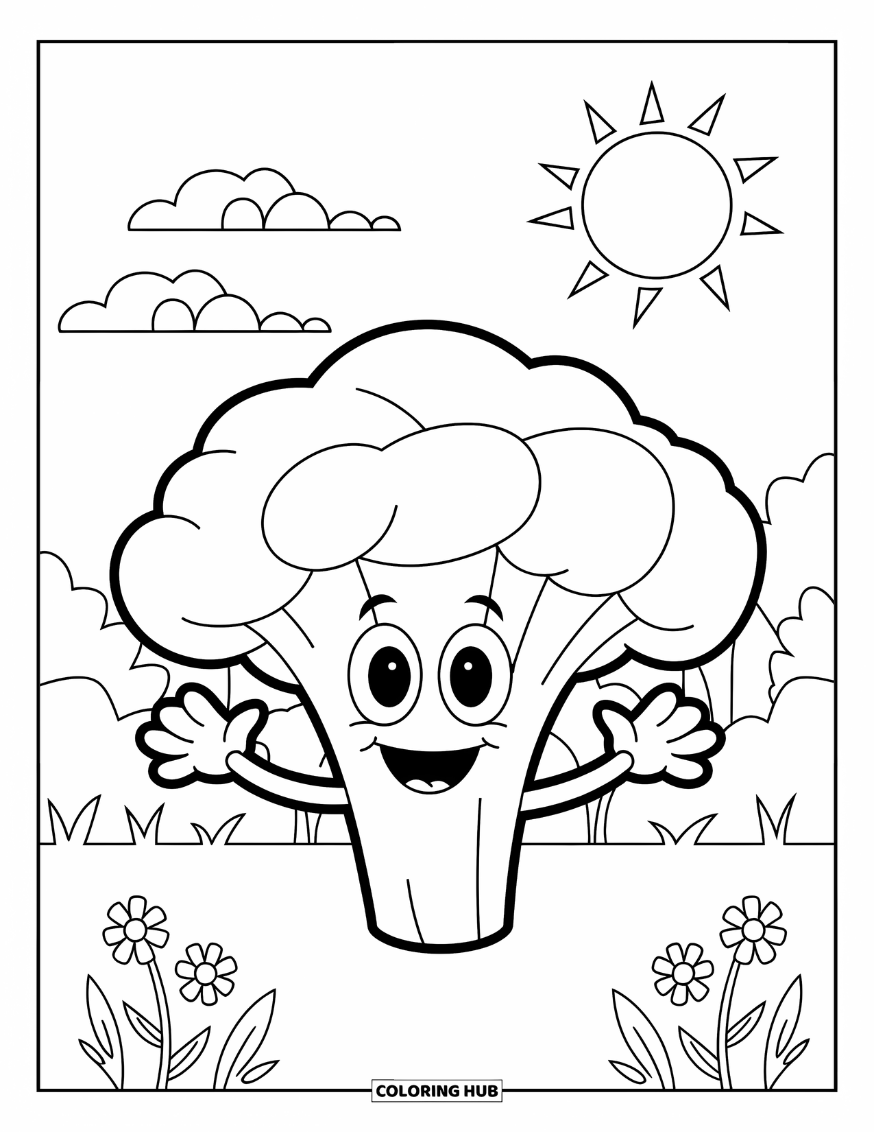 Coloriage de brocoli pour enfants : Un brocoli fait joyeusement signe dans un jardin avec le soleil qui brille derrière
